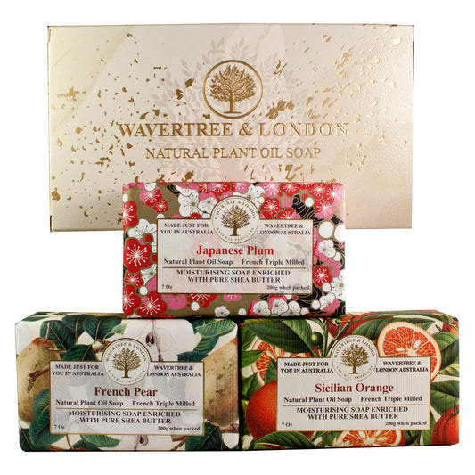 Wavertree & London Trio Gift Box (3 Bars) - 7oz Japanes Plum, French Pear and Sicilian Orange Scented Moisturizing French Triple Milled Natural Soap Bars - Pure Plant Oil Soap Bars for All Skin Types