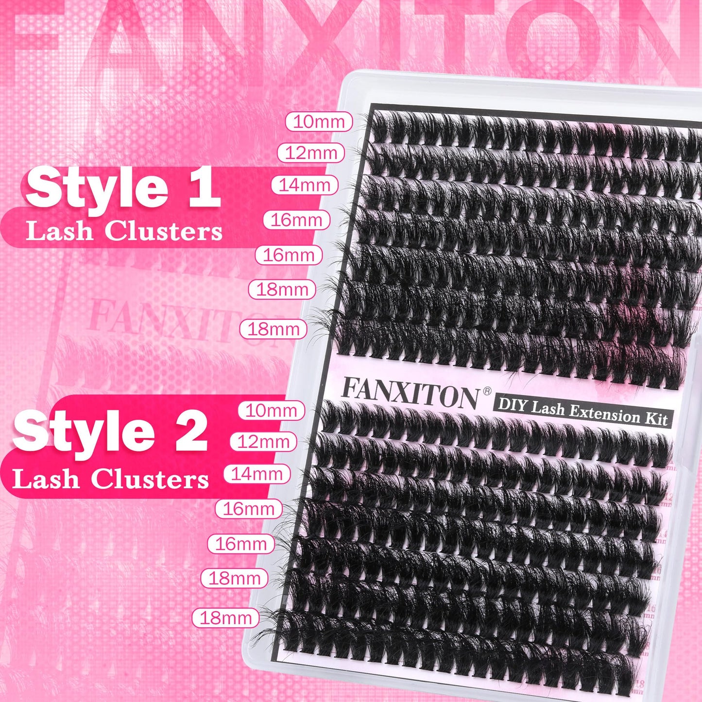 FANXITON Fluffy Lash Clusters with Lash Bond and Seal Waterproof, 10-18 mm D Curl Volume Lash Extension Kit 280 pcs Individual Lashes Lash Clusters Kit and Tweezers Thick DIY Eyelash Extension Kit