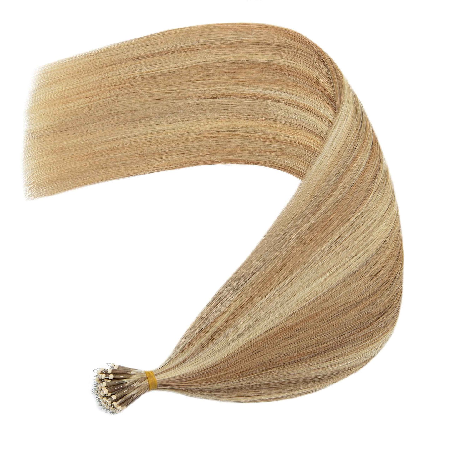S-noilite Nano Ring Human Hair Extensions Pre Bonded Nano Bead Tip Hairpieces Balayage Highlighted Cold Fusion Micro Link Loop Remy Hair 50g 50 Strands For Women 18" #12/613 Golden Brown/Bleach Blonde