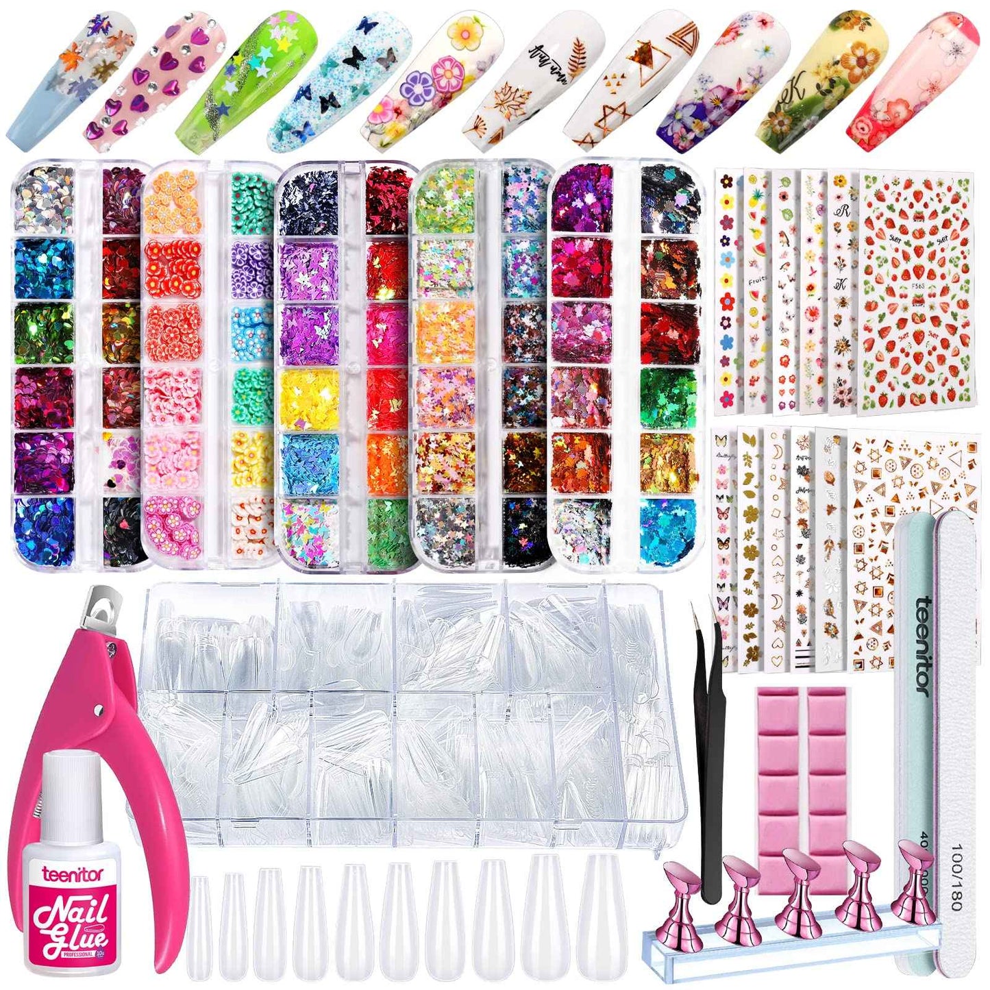 Coffin Nail Tips, Teenitor Nail Art Kit with Nail Art Stickers Holographic Nail Art Sequins Glitter Press On Nails DIY Fake Nails