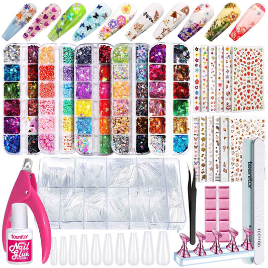Coffin Nail Tips, Teenitor Nail Art Kit with Nail Art Stickers Holographic Nail Art Sequins Glitter Press On Nails DIY Fake Nails