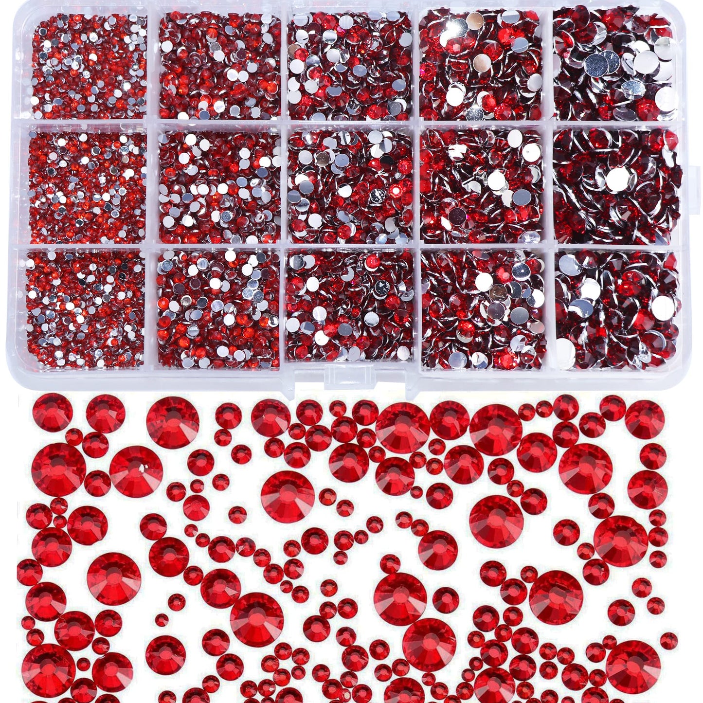 FULZTEY 7500PCS Nail Rhinestones 3D Rhinestones for Crafts Clothes Accessories Red Round Gems Crystal Rhinestones Mixed Size Flatback Rhinestones Bulk for DIY Shoes Gift Cup Decoration