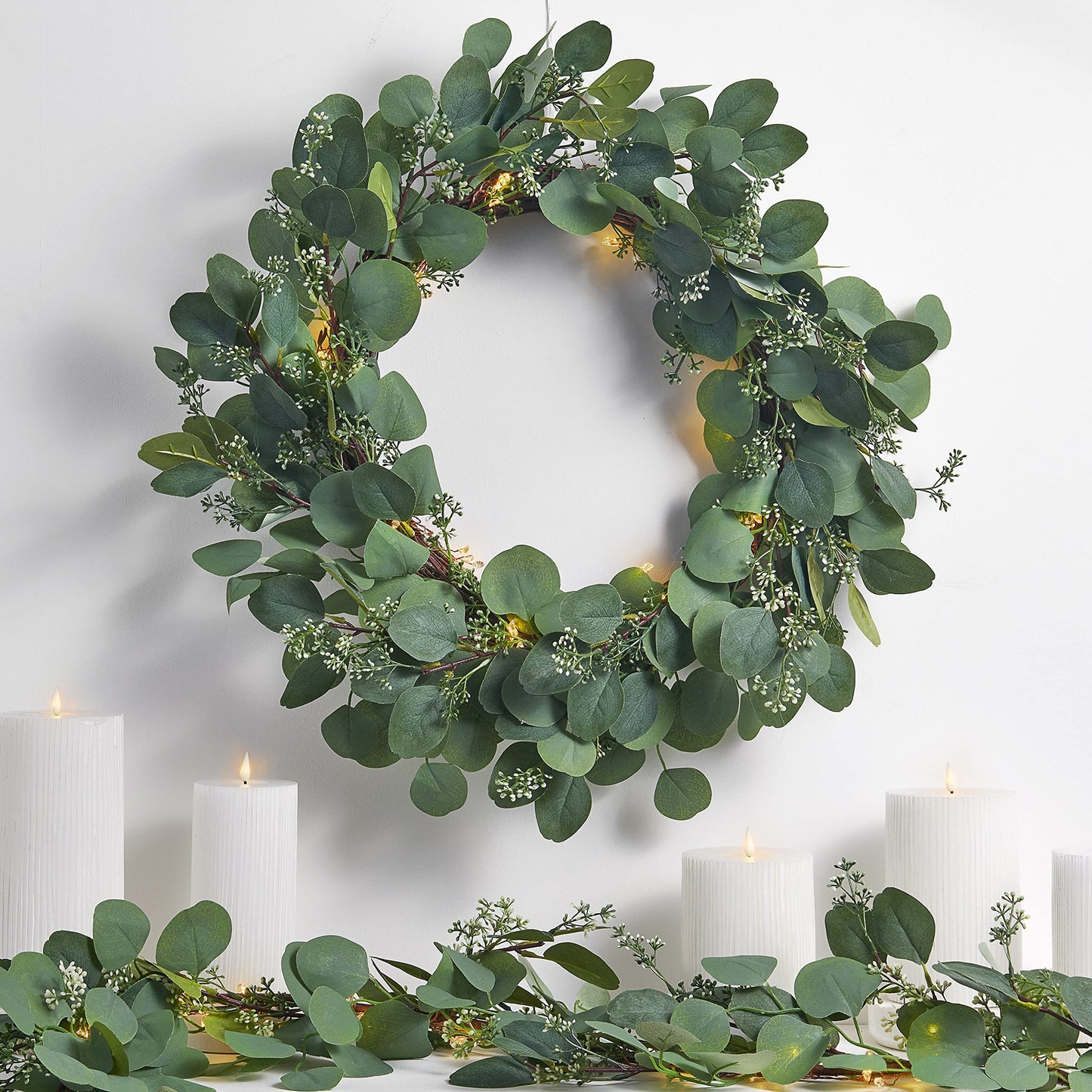 LampLust Eucalyptus Wreath for Front Door, 24 Inch Door Wreath with Lights, 80 LED Lights, Battery Operated, Timer Included, Christmas Wreaths, Farmhouse Wreath, Christmas Decorations Holiday Decor