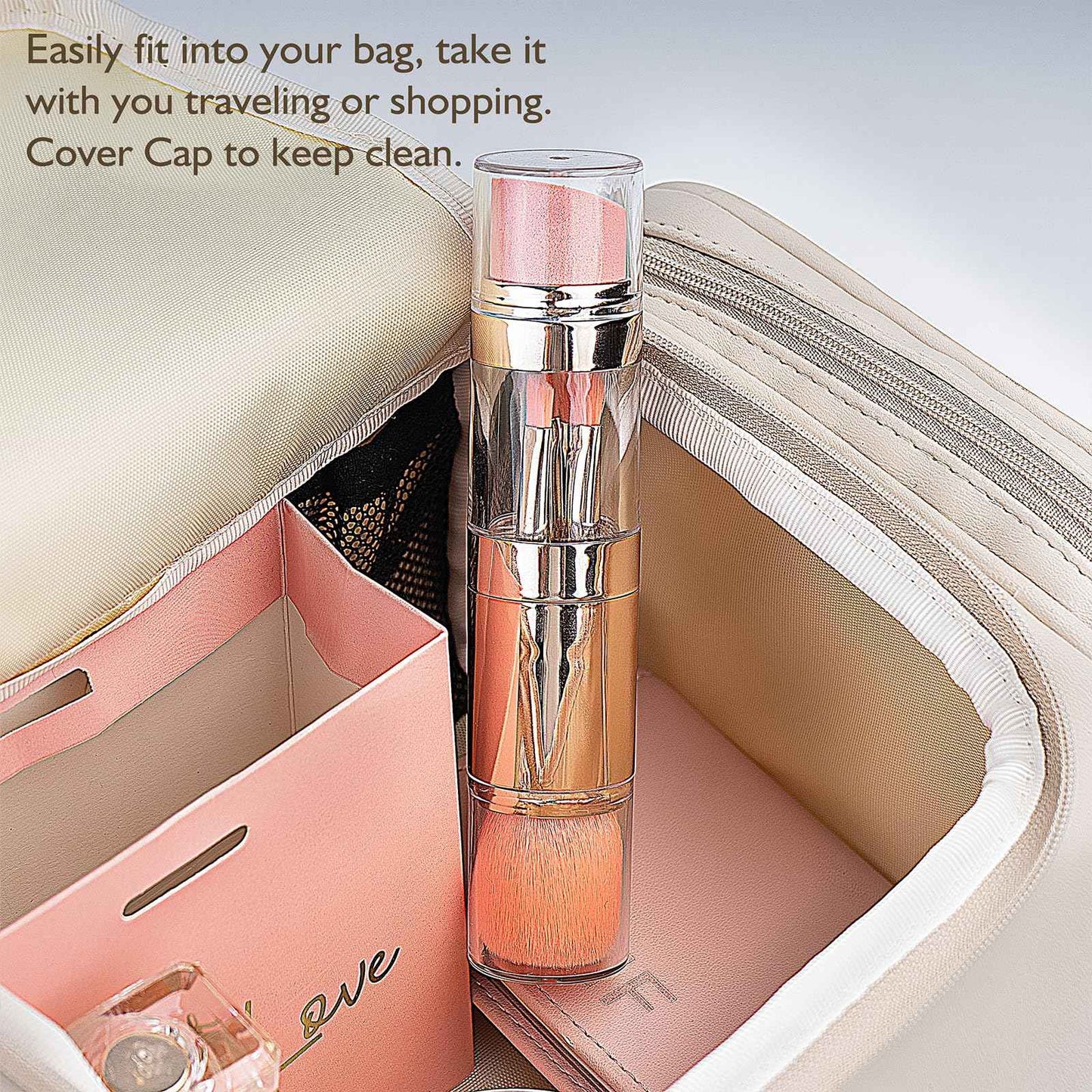 kullder Travel Makeup Brush 5 in 1 Makeup Brush set Blend Sponge Eyebrow Eyeshadow & Blush Brushes for Foundation Concealer Double Ended Makeup Brush with Powder Puff Ideal Womens Gifts