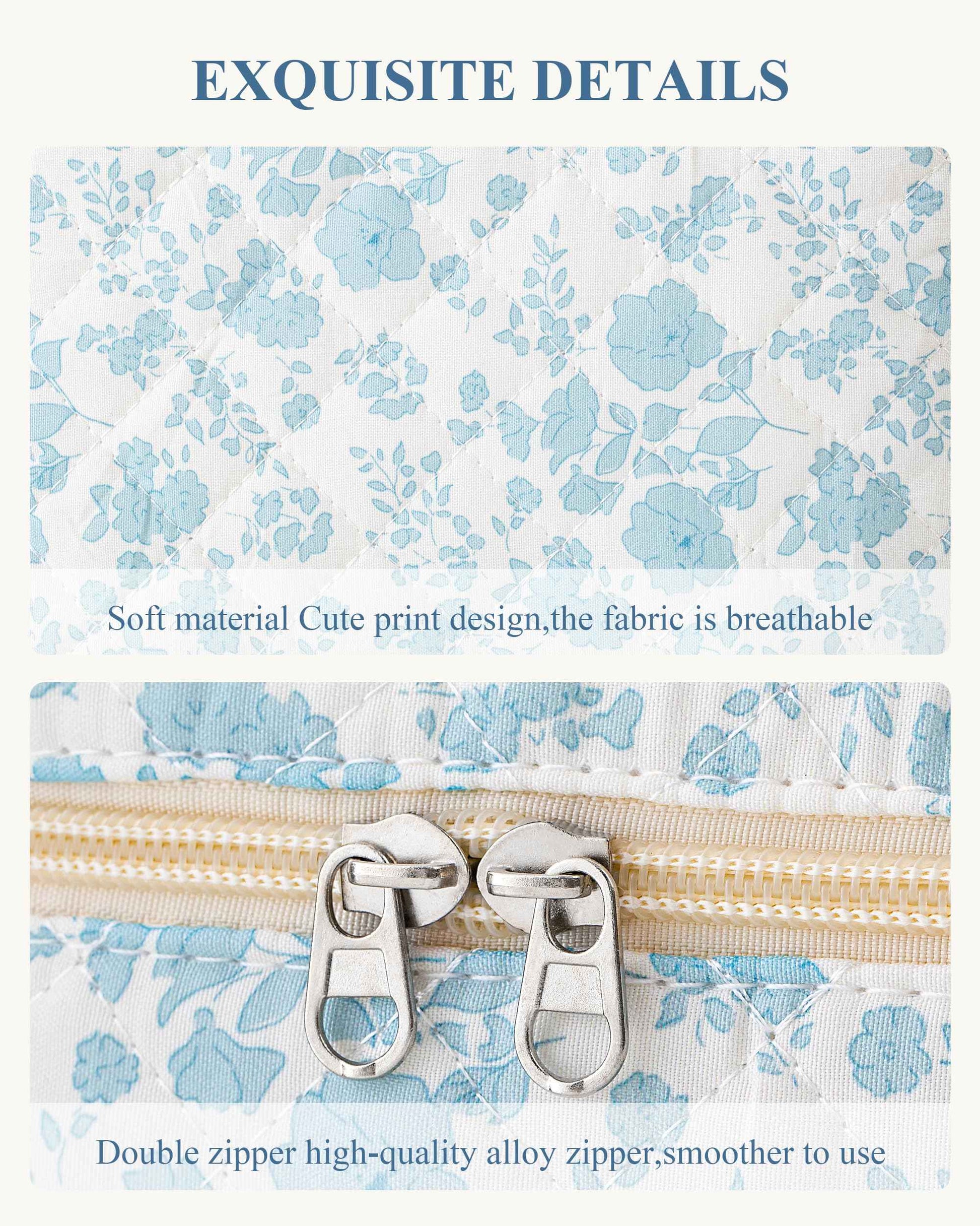 HBselect 2Pcs Initial Quilted Cotton Large Travel Cute Floral Coquette Makeup Cosmetic Toiletry Bag for Women Girls