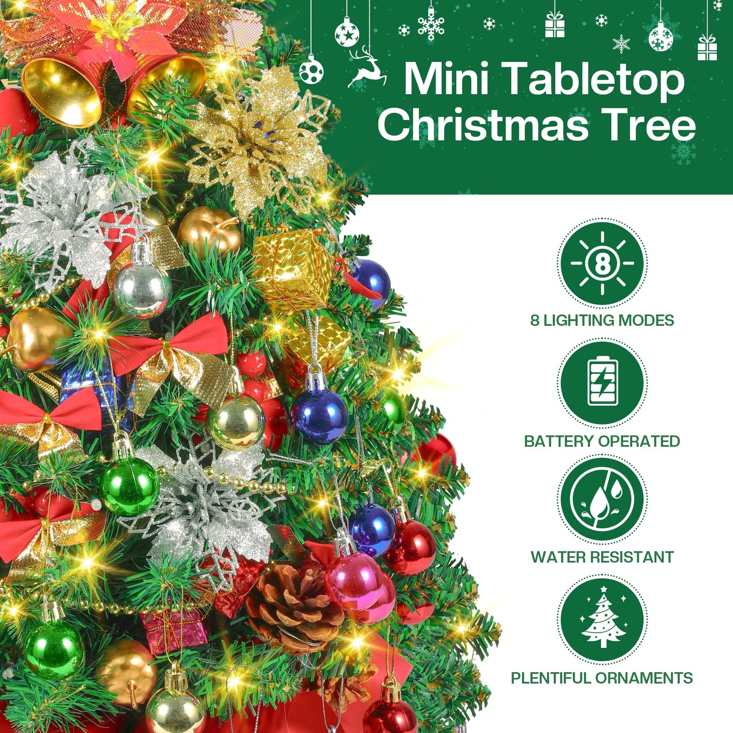 2FT Mini Christmas Tree, Small Christmas Tree with Lights, Prelit Tabletop Christmas Tree with 100 Branch Tips and 80+ DIY Ornaments, Christmas Decorations Indoor and Gifts for Men Women