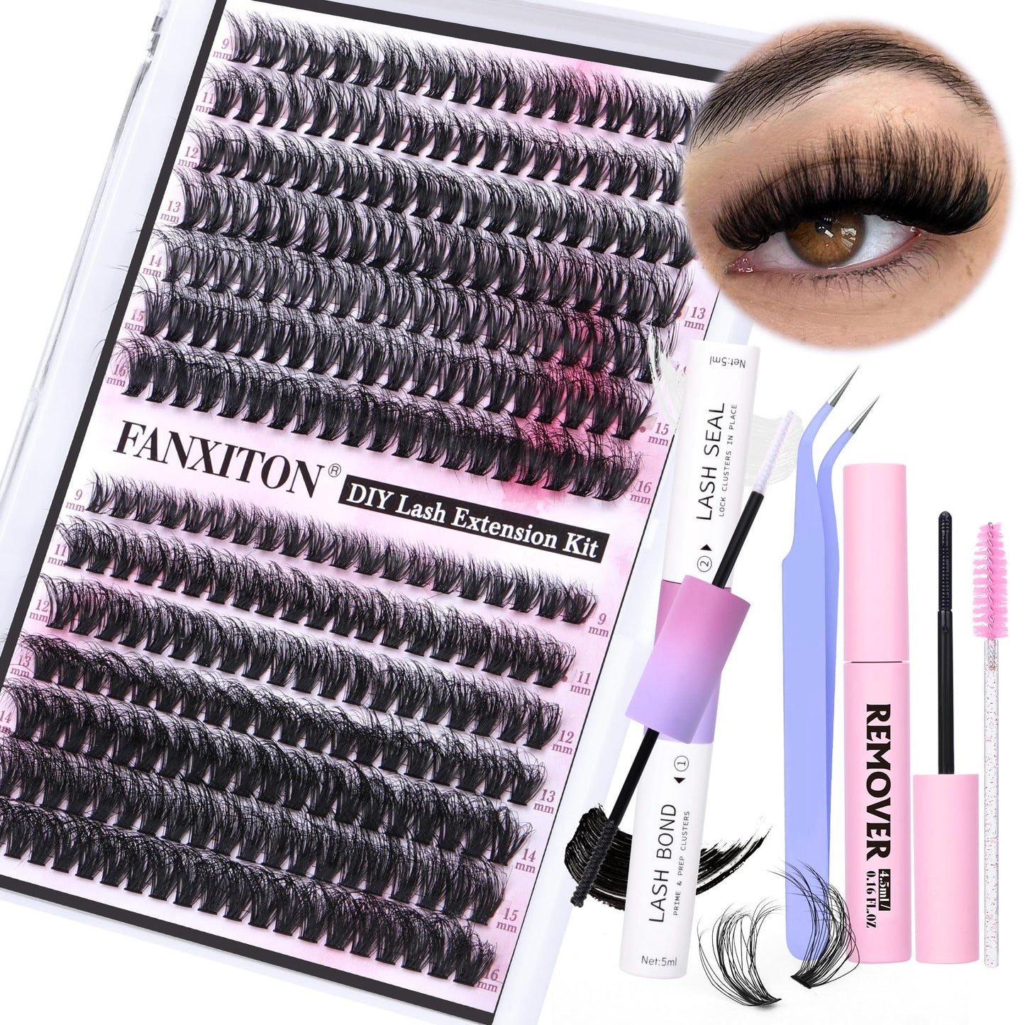 DIY Lash Extension Kit Fluffy 40D+50D Volume Lash Clusters Kit with Lash Bond and Seal 280 pcs Thick Individual Lashes 9-16 mm D Curl Mink Lashes Cluster, Lash Cluster Remover and Tweezers by FANXITON