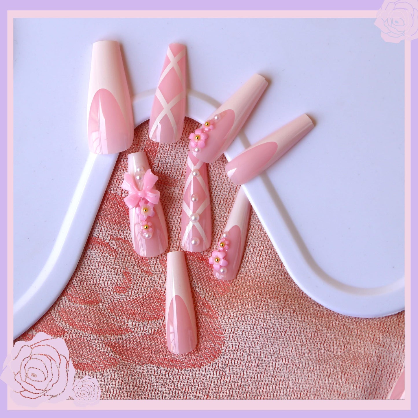 Pink Press on Nails Kit Floral Pearl French Tip Nails Press Ons Medium Long Charms Gems Fake Nails Artificial Coffin Gel Like Glossy 3D Flower Bowknot Net False Nail Manicure for Women and Girls-24pcs