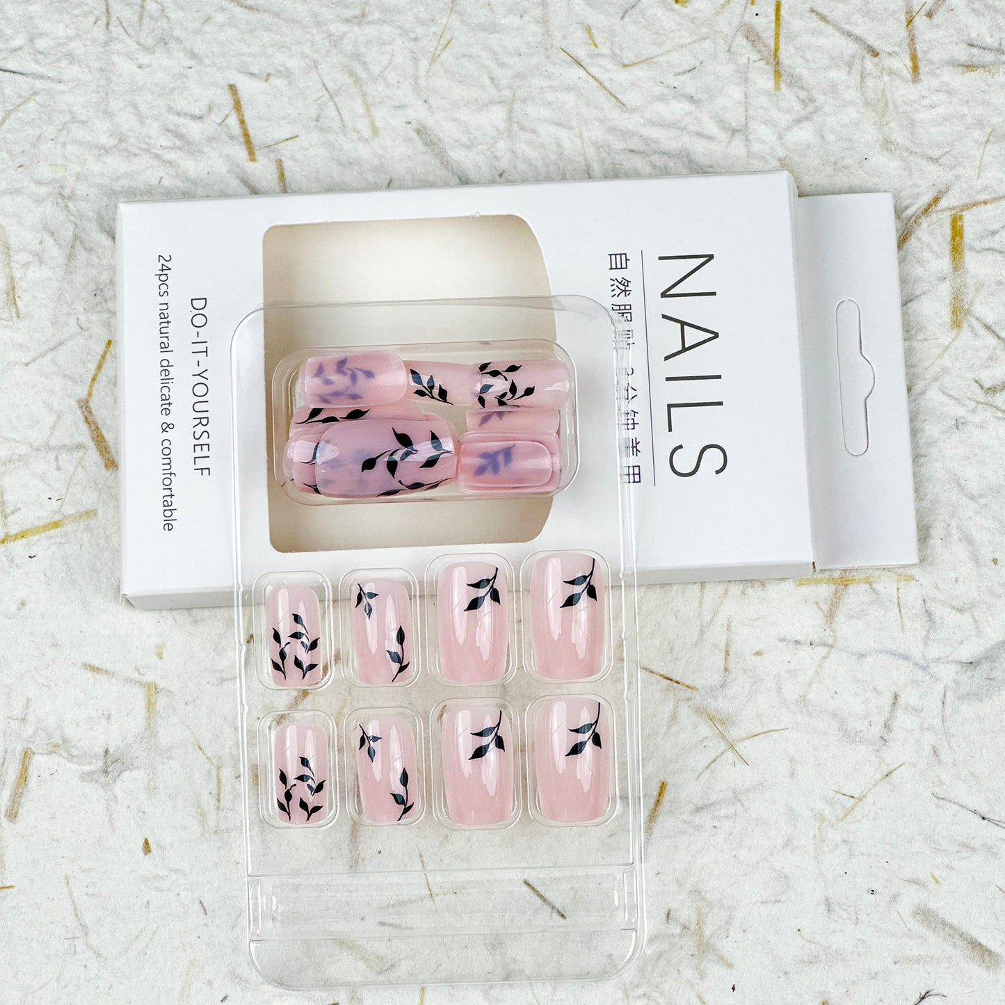 Fall Press on Nails Medium Square Black Fake Nails with Leaf Designs Acrylic Nails Pink Press on Nails for Women Spring Summer Glue on Nails 24 Pcs