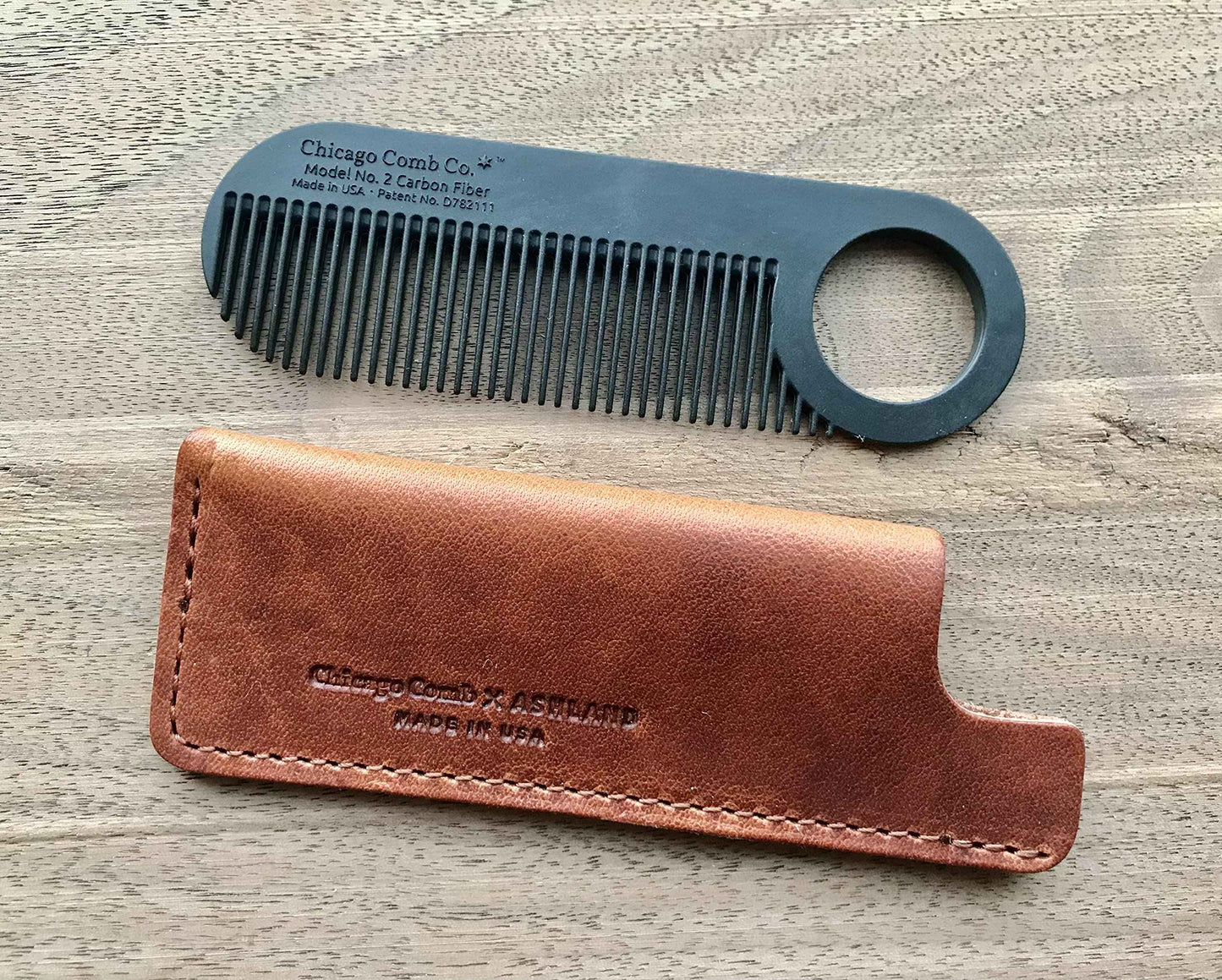 Chicago Comb No. 2 Carbon Fiber + Tan Horween leather sheath, Made in USA
