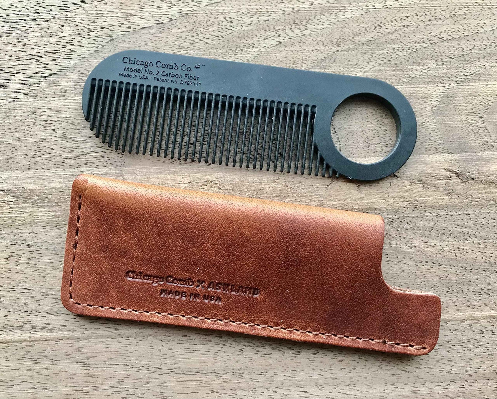 Chicago Comb No. 2 Carbon Fiber + Tan Horween leather sheath, Made in USA