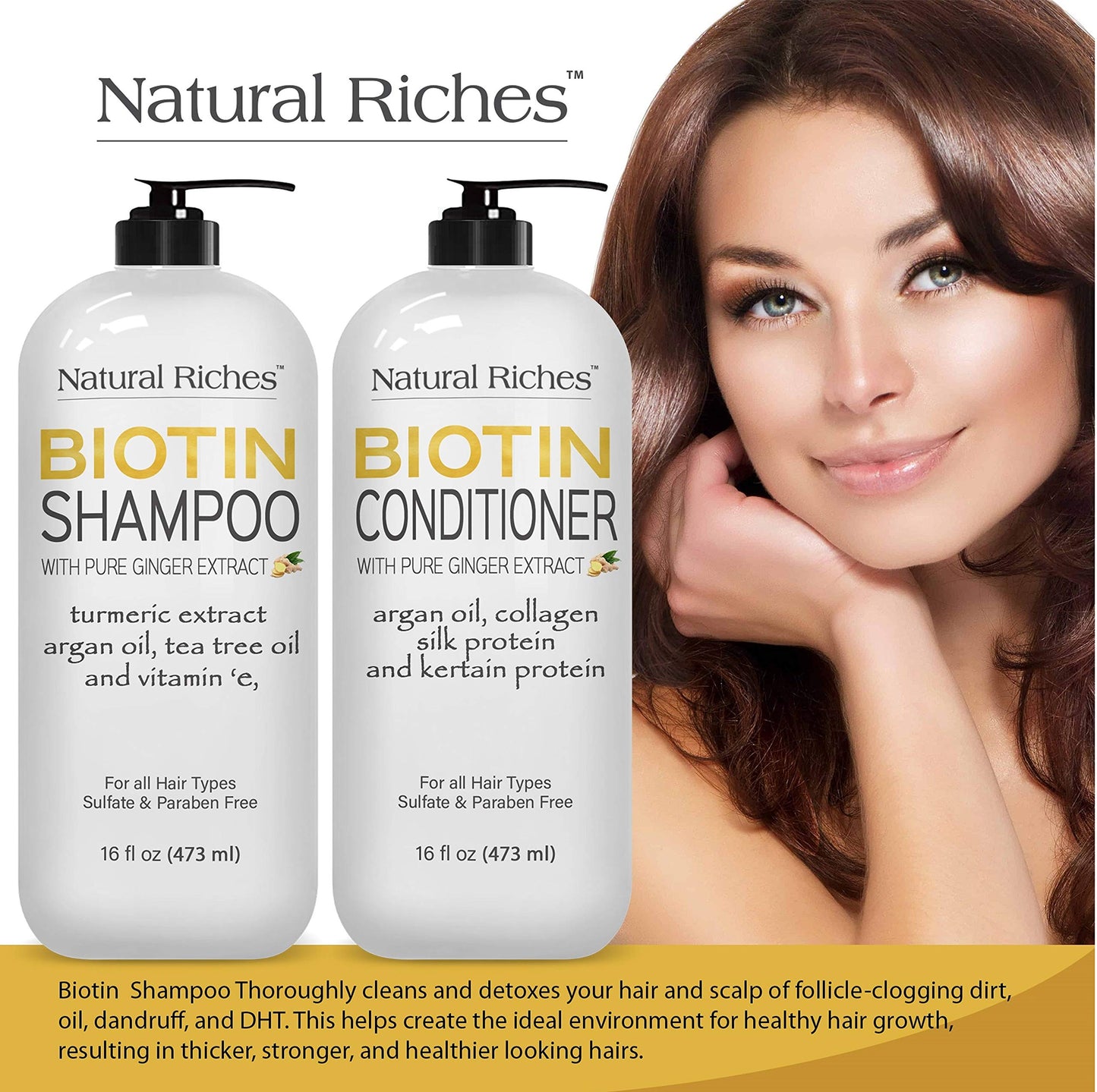 Natural Riches Biotin Shampoo and Conditioner Set W/Ginger Turmeric Extract & Keratin for Hair follicle Hair Loss and Thinning Hair gives Fuller Thicker Hair Sulfate free 2X16 fl oz.