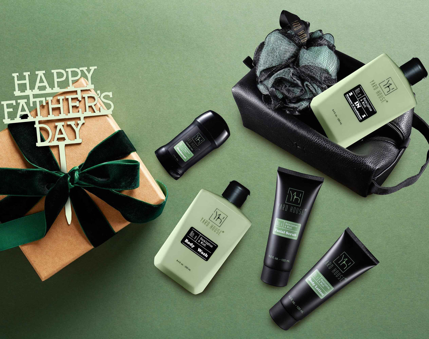 Yard House Mens Luxury Bath and Body Gift Set For Him - Skin Care Kit in Eucalyptus and Mint - Fathers Day Birthday Christmas Gifts Ideas For Men - 7Pcs Set w. Full Size Items in Leather Toiletry Bag