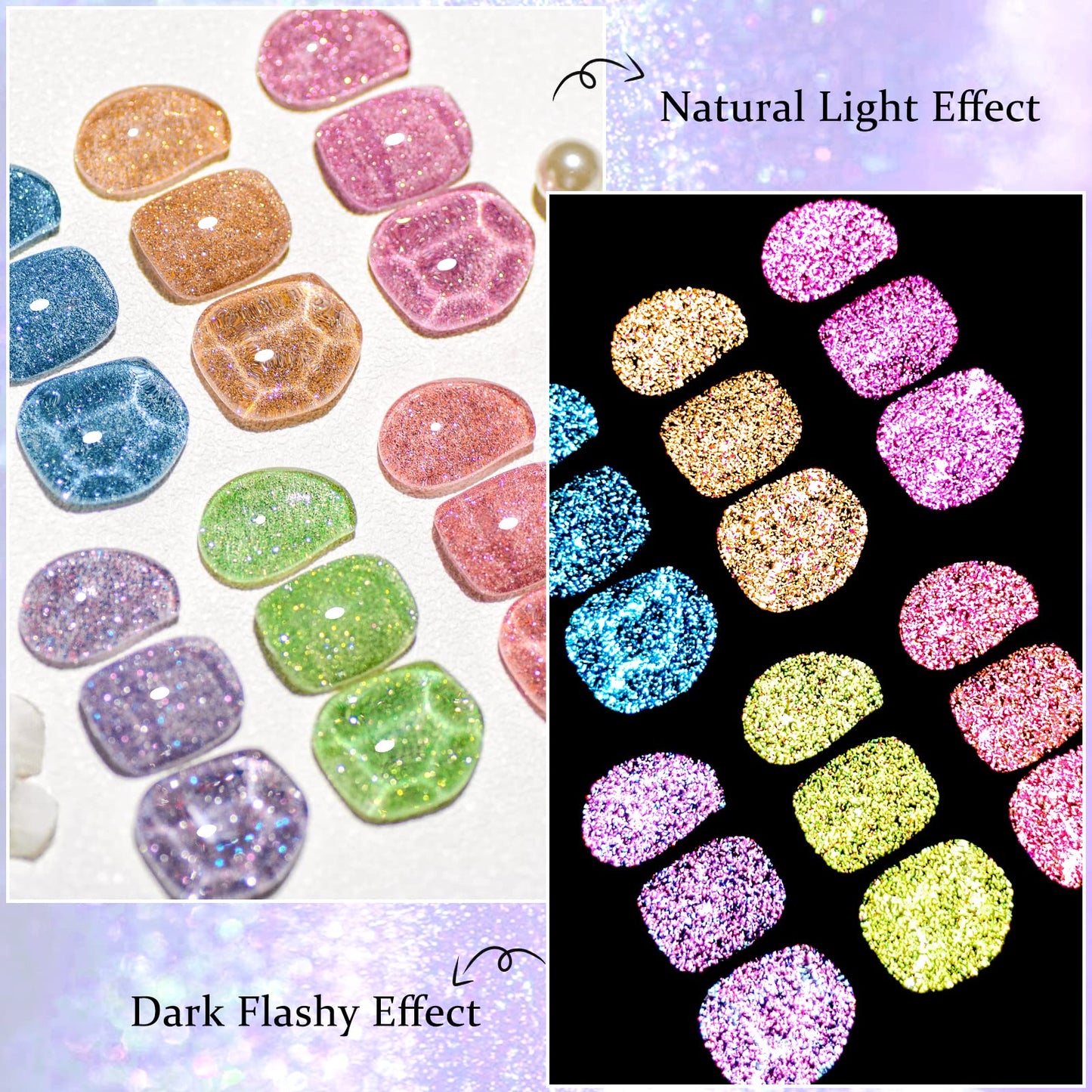 MEET ACROSS Colour Reflective Glitter Gel Nail Polish, Shimmery Glitter Gel Polish Set, Sparkly Shiny Gel Nail Art Varnish Manicure Kit, Soak Off LED Lamp, for Beginners DIY at Home