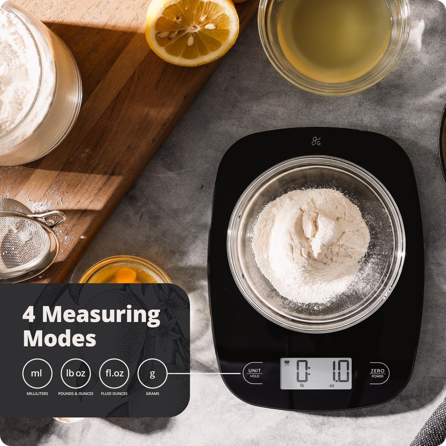 Greater Goods Digital Kitchen Scale - Cooking, Baking, Meal and Food Prep Scale, Weighs in Grams, Pounds and Ounces, Black Glass