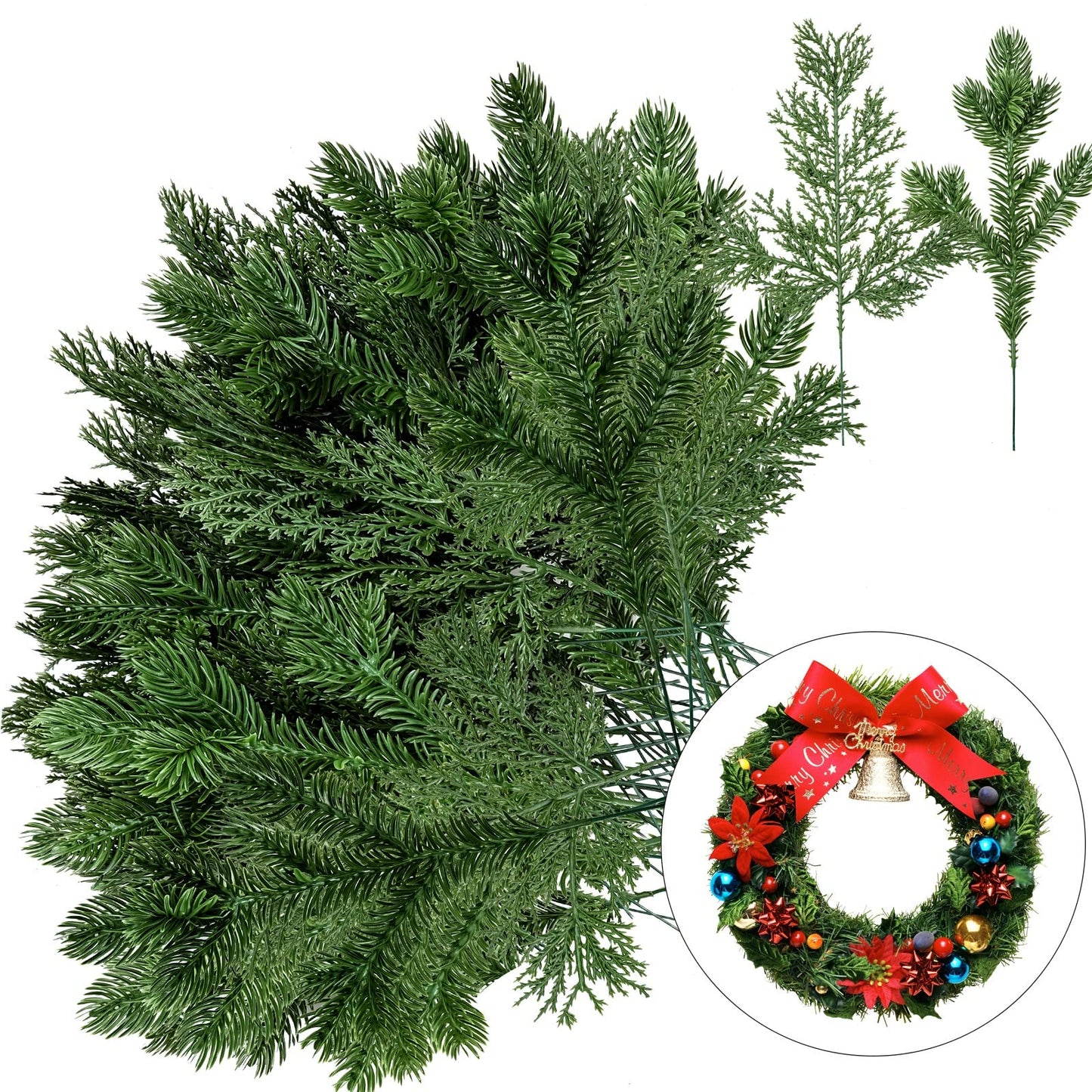 100 Pieces Christmas Pine Needles 10 inch Artificial Pine Branches Green Leaves Needle Garlands Pine Twigs Faux Cedar Branches Greenery DIY Accessories for Christmas Holiday Winter (Fresh Style)