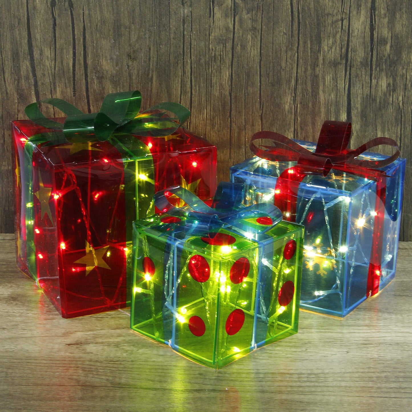 ATDAWN Set of 3 Lighted Gift Boxes Christmas Decorations, Snowflake Star Pre-lit Light Up Present Boxes for Christmas Indoor Home Outdoor Yard Lawn