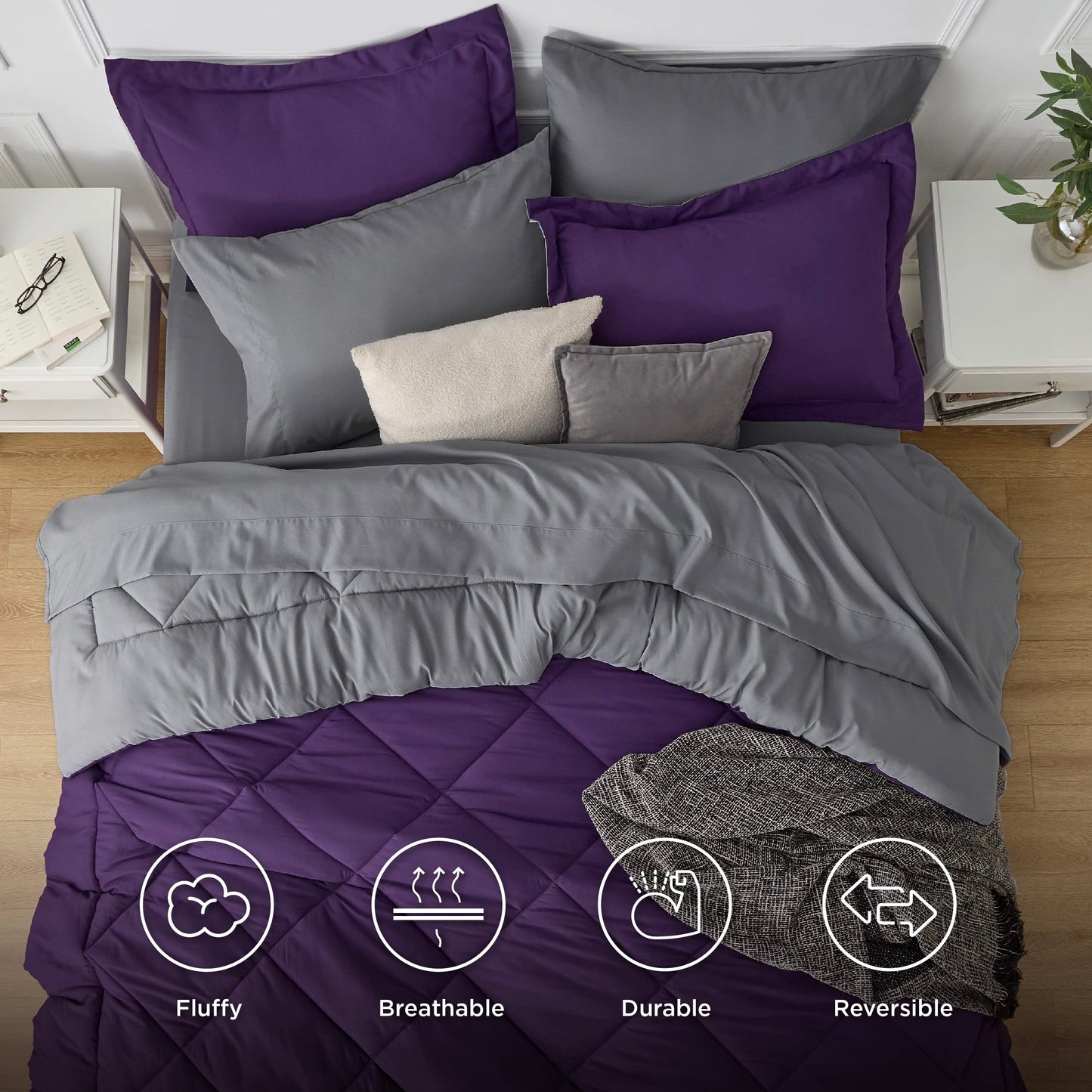 Bedsure Purple Twin Comforter Sets - 5 Pieces Reversible Twin Bedding Sets for College, Purple Extra Long Bed Set Twin with Comforters, Sheets, Pillowcase & Sham