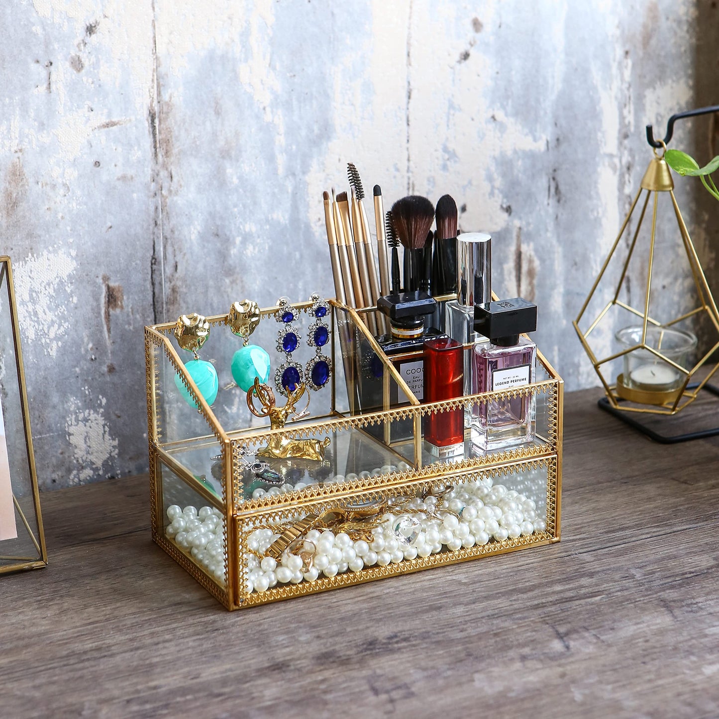 Golden Glass Box Vanity Tray Glass Case Makeup Display Organizer on Dresser, Multifunctional Cosmetic Storage for Palette Lipstick Makeup Brushes Skincare Perfumes Bathroom Accessories