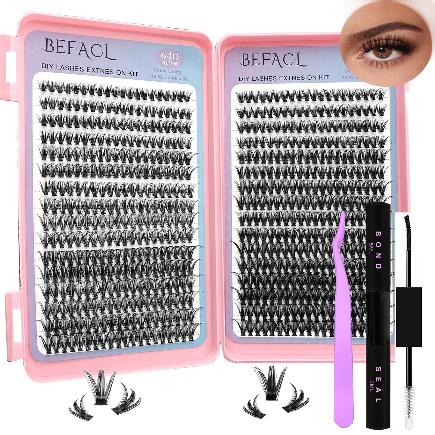 DIY Lash Extension Cluster Kit 640pcs Individual Lash Clusters 30D+40D with Lash Bond and Seal And Tweezer 9-16MM DIY EyeLash Extension Kit False Eyelash DIY Eyelash Extensions at Home by Befacl