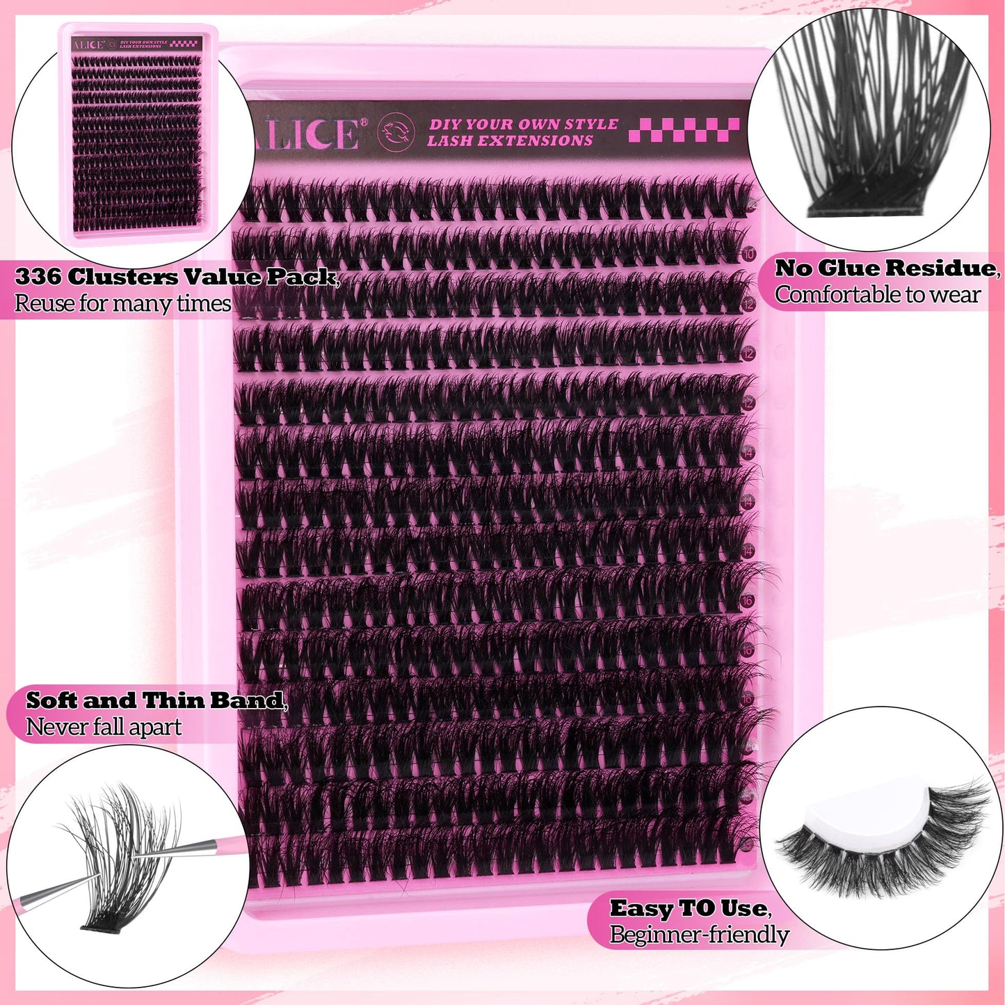 ALICE Lash Extensions Fluffy 336pcs 80D Lash Clusters Cluster Eyelash Extensions Thick Volume Faux Mink Individual Lashes Mix 10-18mm Long Eyelash Clusters