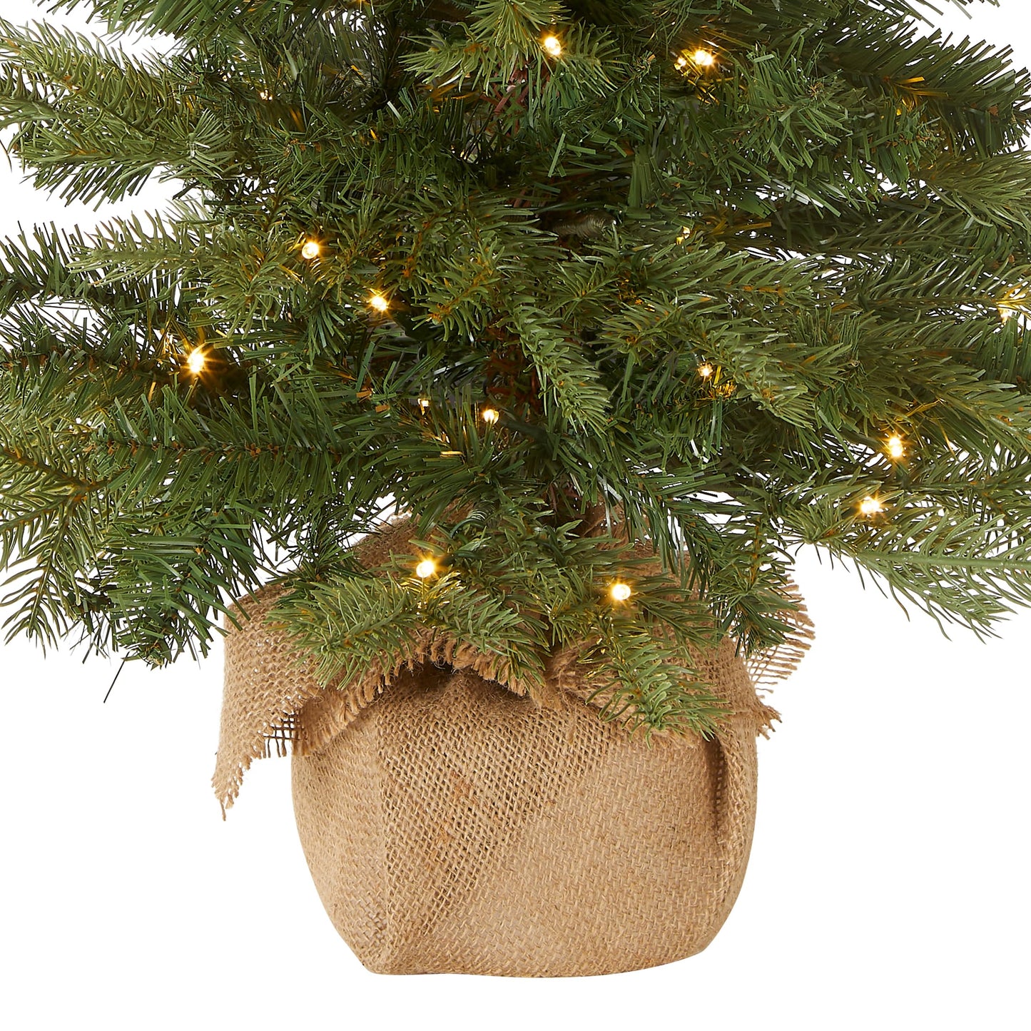 National Tree Company Pre-Lit 'Feel Real' Artificial Mini Christmas Tree, Green, Nordic Spruce, White Lights, Includes Burlap Bag Base, 3 Feet