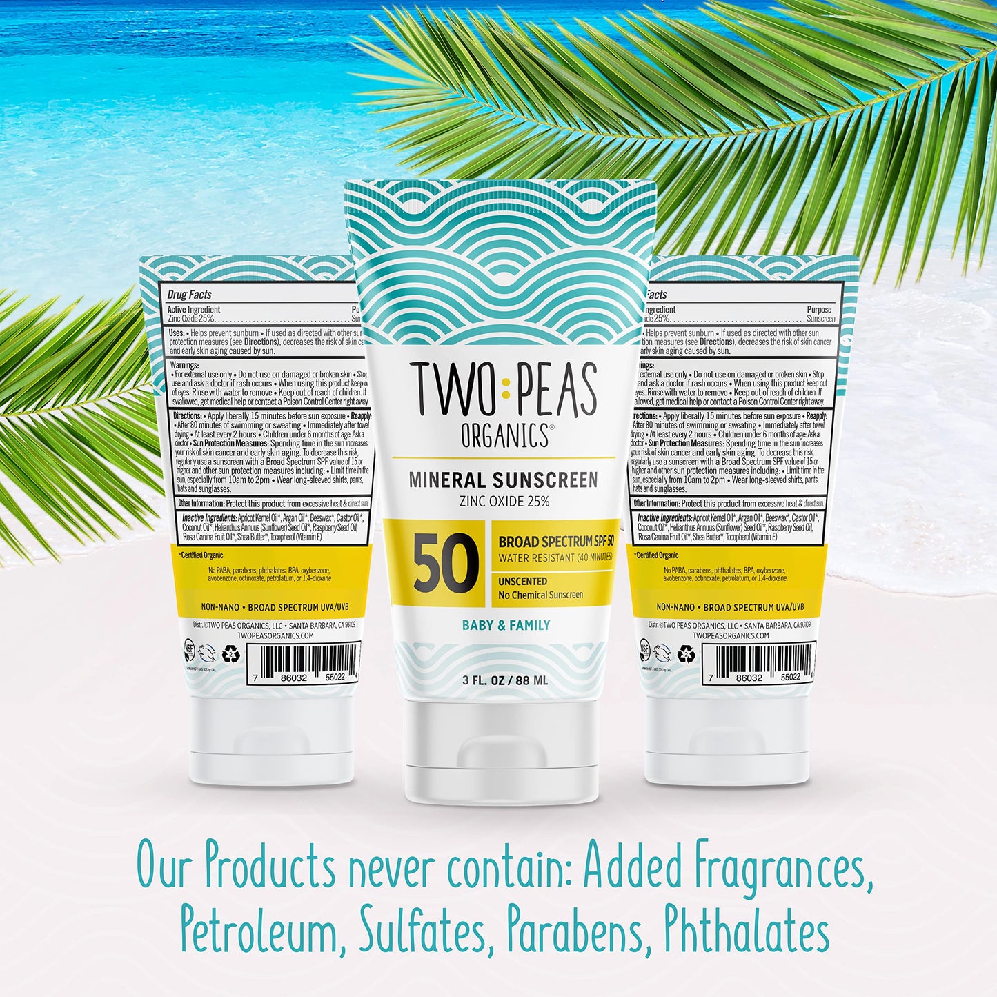 Two Peas Organics - All Natural Organic SPF 50 Sunscreen Lotion - Coral Reef Safe - Baby, Kid & Family Friendly - Chemical Free Mineral Based Formula - Waterproof & Unscented – 3oz