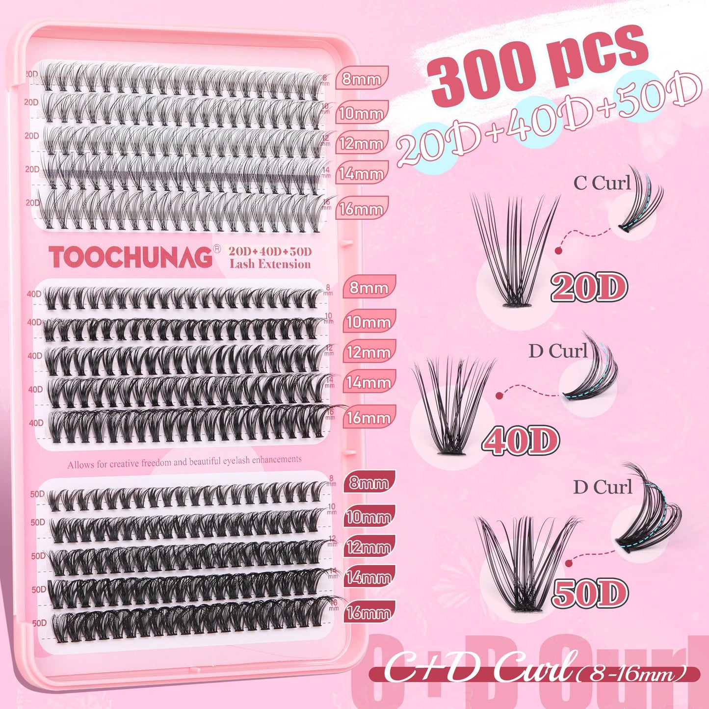 DIY Eyelash Extension Kit 40D+50D Lash Clusters 320pcs Cluster Lashes Extensions Kit 10-18mm Individual Lashes Kit with Lash Bond and Seal and Eyelashes Tweezers DIY at Home by TOOCHUNAG