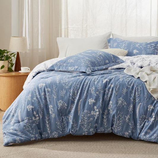 Bedsure Twin/Twin XL Comforter Set Dorm Bedding - Infinity Blue Comforter, Floral Twin/Twin Extra Long Bedding Comforter Set, 2 Pieces, 1 Reversible Botanical Flowers Comforter and 1 Pillow Sham