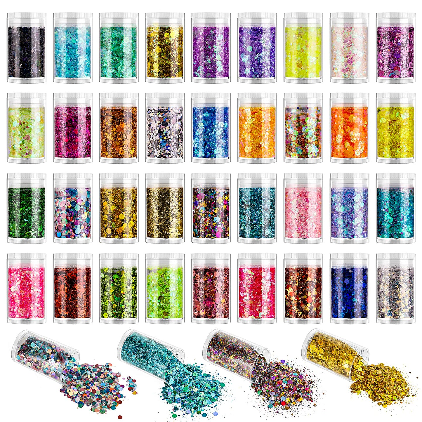 Holographic and Iridescent Chunky Glitter Sequins, 36 Colors Mixed Cosmetic Glitter for Face Body Eye Hair Nail Art Lip Gloss, Festival Glitter Makeup with Different Hexagons Size