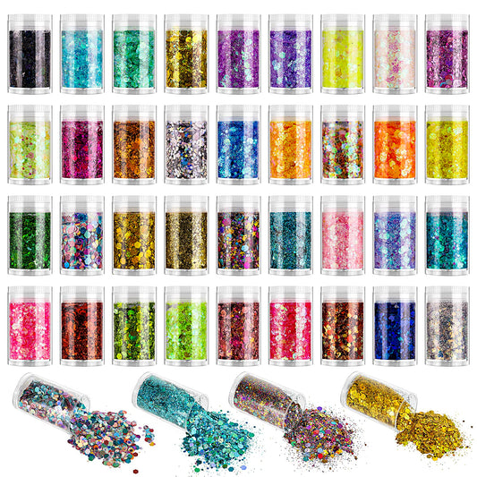 Holographic and Iridescent Chunky Glitter Sequins, 36 Colors Mixed Cosmetic Glitter for Face Body Eye Hair Nail Art Lip Gloss, Festival Glitter Makeup with Different Hexagons Size