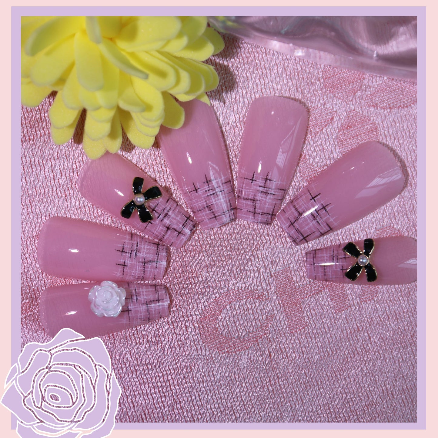 Black Bowknot Press on Nails Kit Floral French Tip Nails Pearl CC Press Ons Medium Pink Fake Nails Square