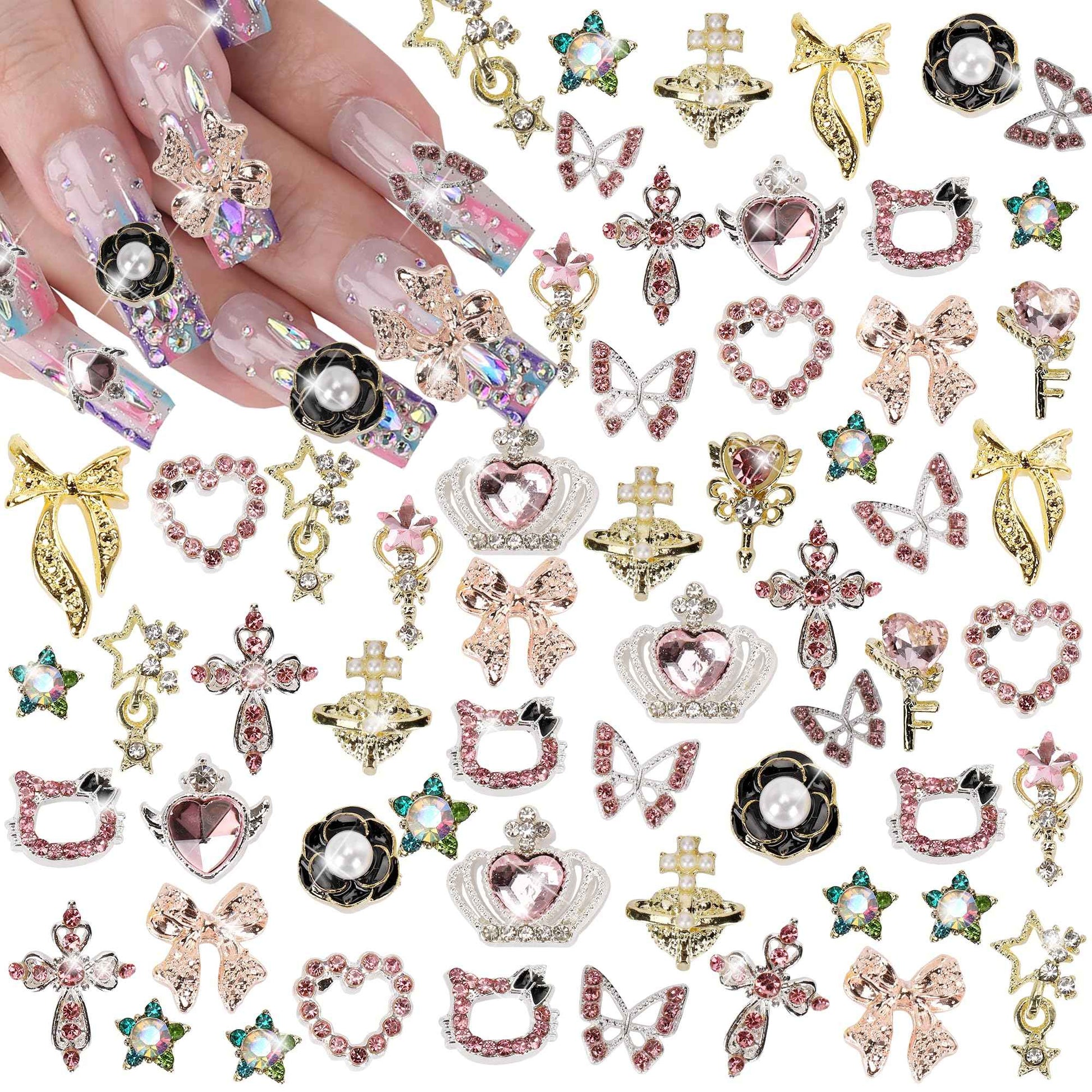 COOSLIM 30PCS Nail Charms Y2k Alloy Nail Art Rhinestone Charms 3D Heart Star Bow Butterfly with Rhinestones Cross Flower Nail Gems Shiny Jewelry Planet Nail Decorations Accessories Supplies A