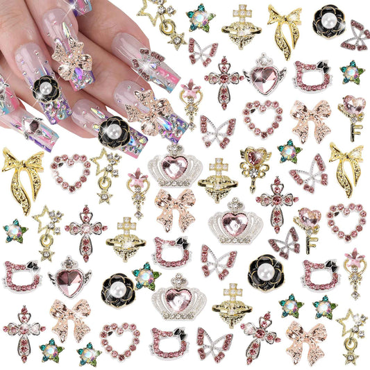 COOSLIM 30PCS Nail Charms Y2k Alloy Nail Art Rhinestone Charms 3D Heart Star Bow Butterfly with Rhinestones Cross Flower Nail Gems Shiny Jewelry Planet Nail Decorations Accessories Supplies A