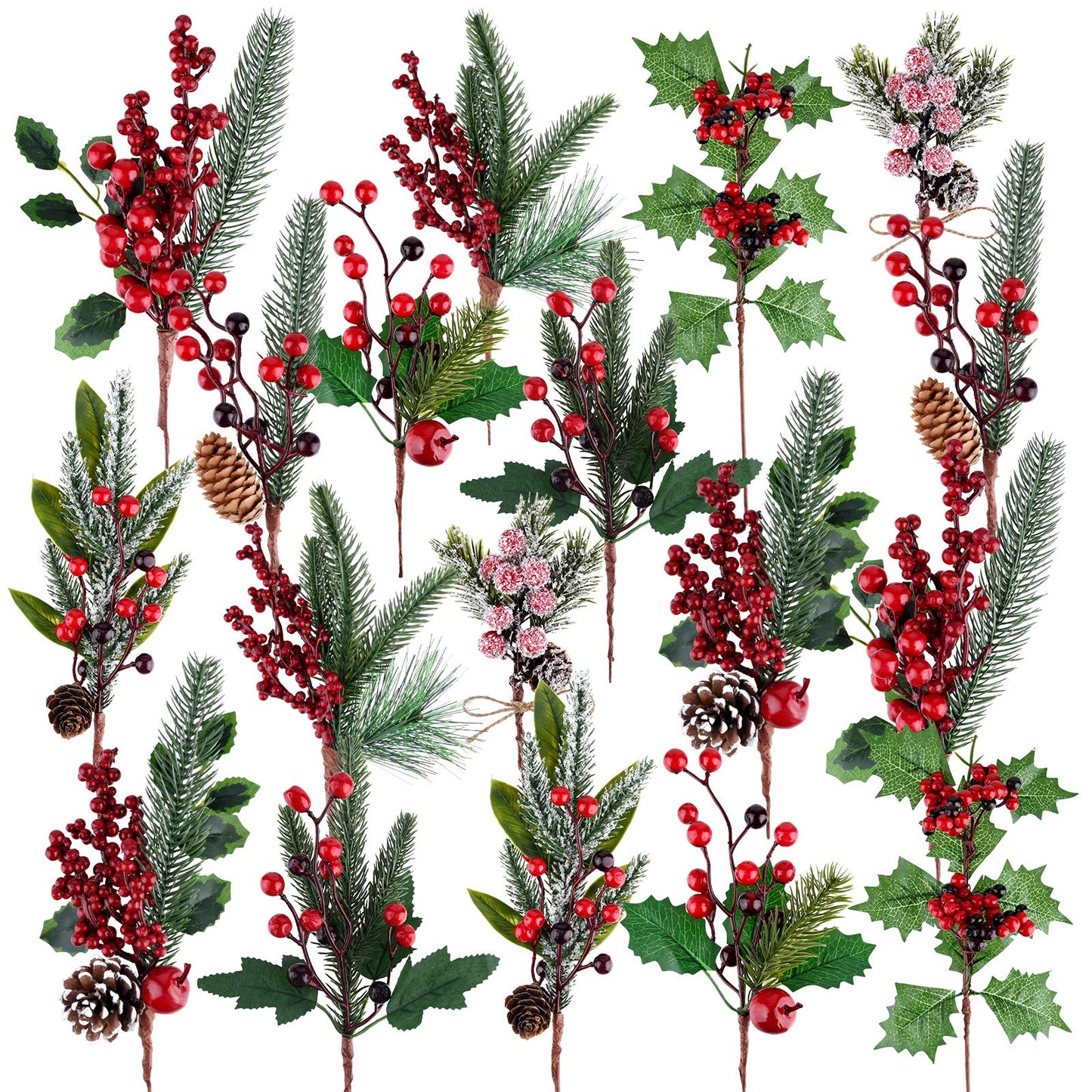 MIAHART 18 Pcs Christmas Picks Artificial Pine Branches Red Berry Stems Pine Picks Spray with Pine Cone Apples Holly Leaves for Craft Floral Wreath Picks Christmas Tree Picks Winter Decorations