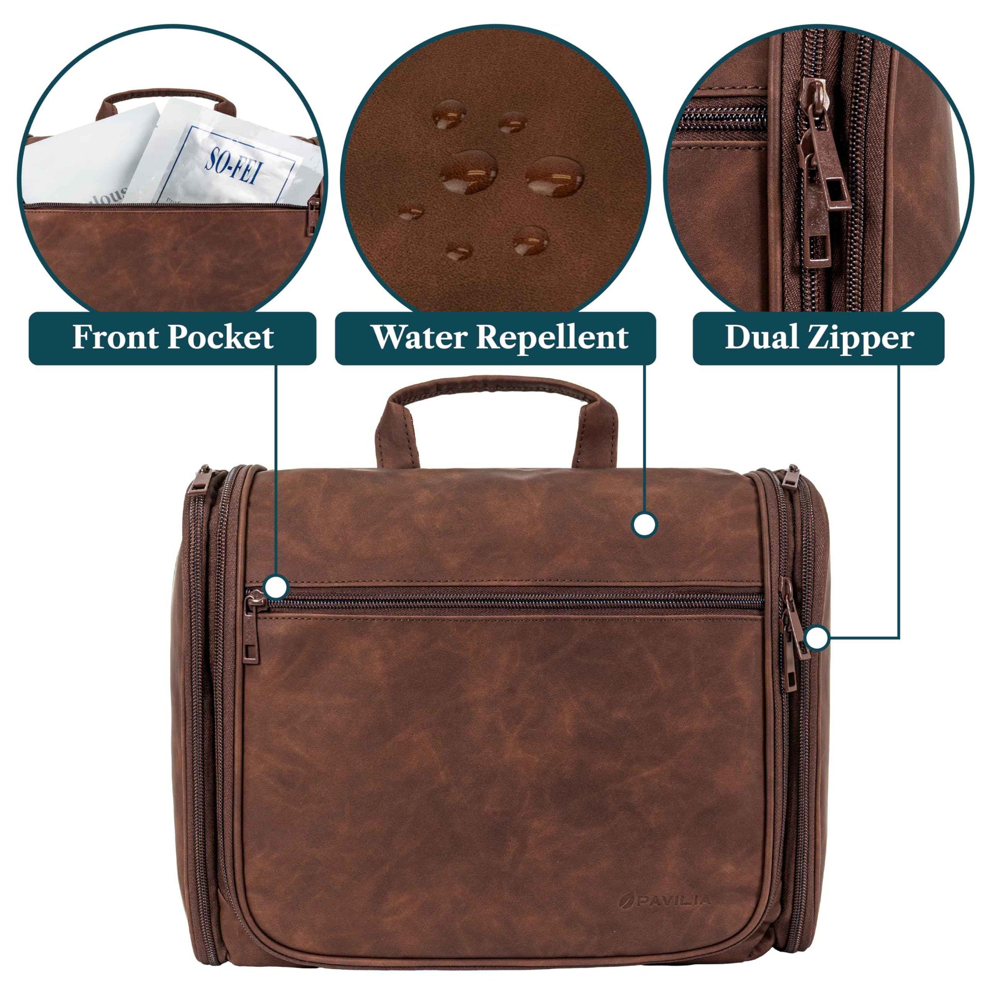 PAVILIA Large Hanging Toiletry Bag Travel Bag Women Men, PU Leather Cosmetic Organizer, Water Resistant Makeup Bag Accessories Toiletries, Travel Essentials Kit, Brown