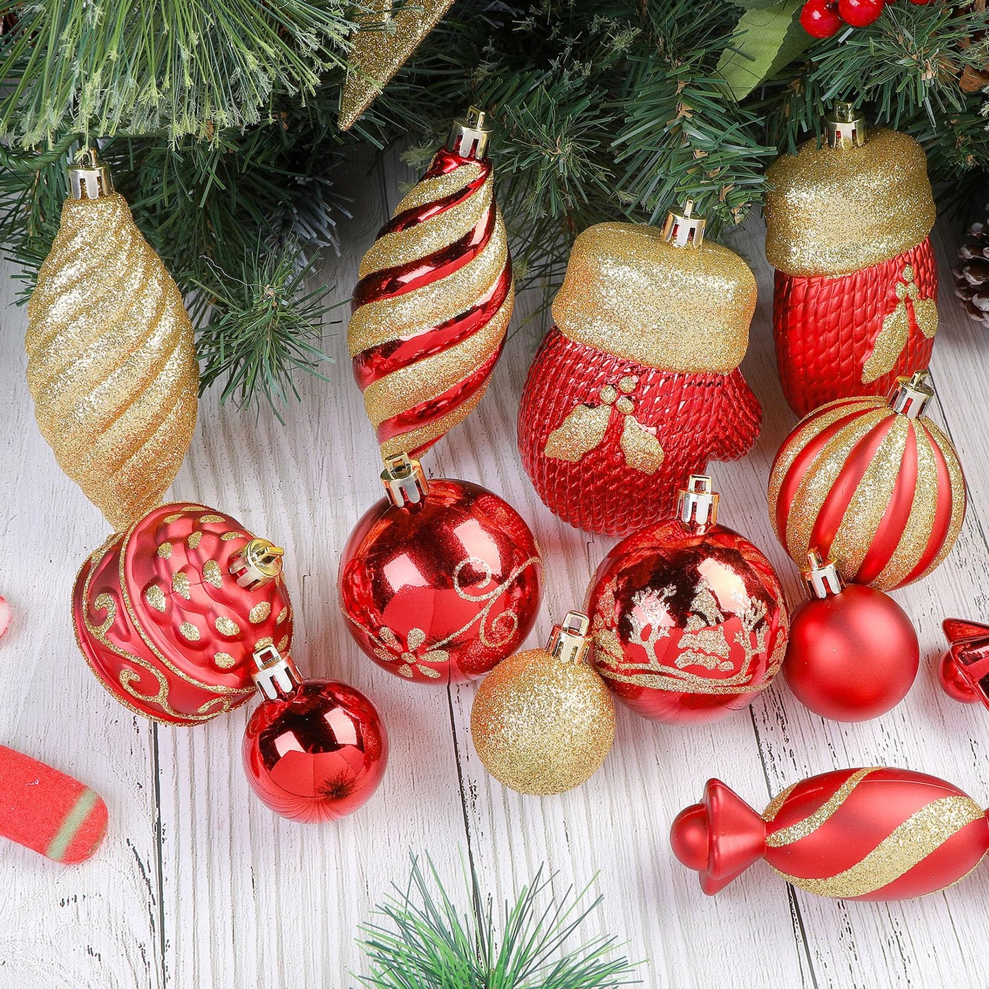 Alupssuc 80pcs Christmas Balls Ornaments Set, Shatterproof Plastic Baubles Christmas Pendant for Xmas Tree, Holiday Wedding Party Decoration with Lanyards Included, Red & Gold