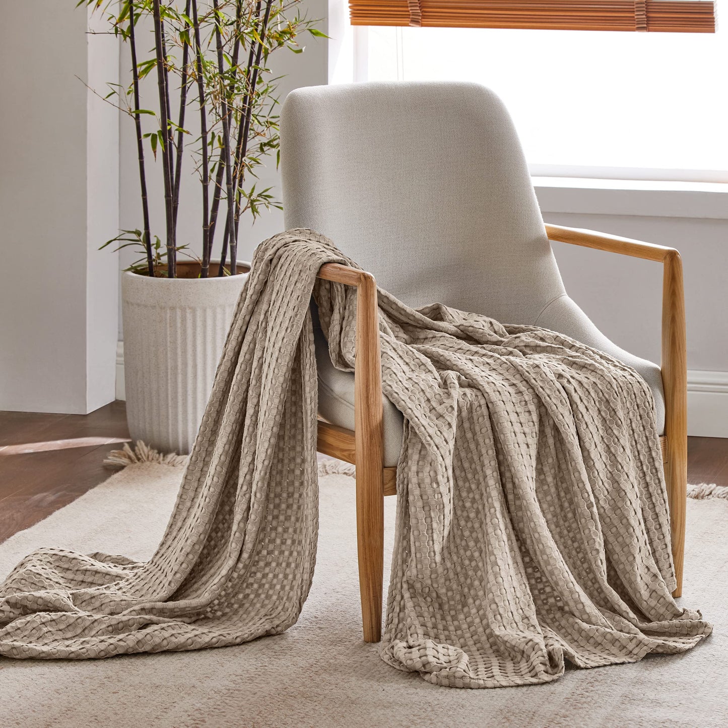 Bedsure Cooling Cotton Waffle Weave Throw Blanket - Lightweight Breathable Blanket of Rayon Derived from Bamboo for Hot Sleepers, Luxury Throws for Bed, Couch and Sofa, Taupe, 50x70 Inches