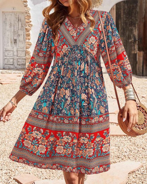 BTFBM Women Casual Spring Summer Dresses V Neck 3/4 Long Sleeve Ruffle Floral Flowy Boho Babydoll Mini Beach Dress(Floral Blue, Small)