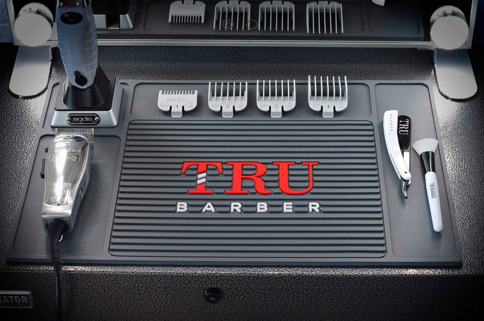 TRU BARBER Organizer Mat 18" X 13" (Charcoal Grey) Flexible PVC Station Mat, Salon Barbershop Work Station Pad, Anti-Slip