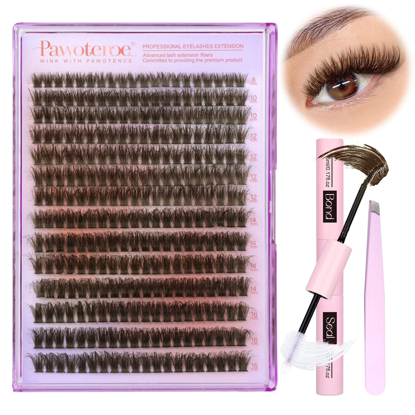 Pawotence Brown Fluffy Lash Clusters Kit 70D Curl Lash Extension Kit Brown 8-16mm Cluster Eyelash Extensions Kit 280pcs Individual Lashes Kit Eyelash Clusters with Lash Bond and Seal for Self Use