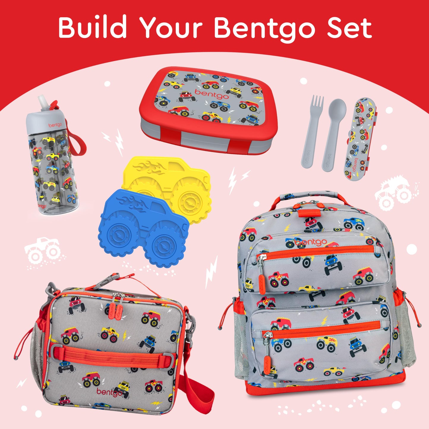 Bentgo Kids Prints Leak-Proof, 5-Compartment Bento-Style Kids Lunch Box - Ideal Portion Sizes for Ages 3-7, Durable, Drop-Proof, Dishwasher Safe, & Made with BPA-Free Materials (Trucks)