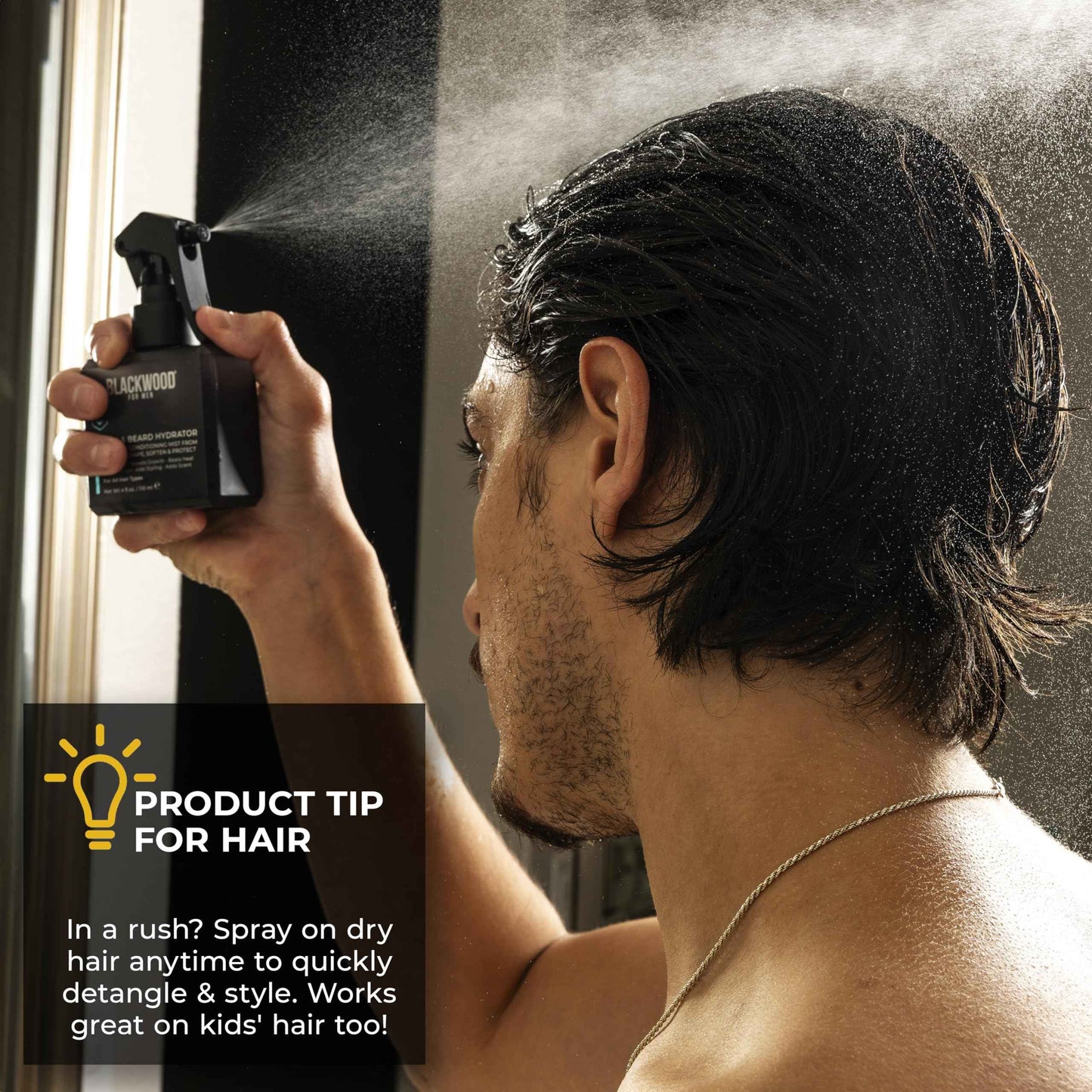 Blackwood For Men Hair & Beard Hydrator Spray (4oz) + Double Duty Beard & Body Scrubber Bundle - Vegan & Natural Leave-In Conditioner - Dual-Sided Men's Shower Tool