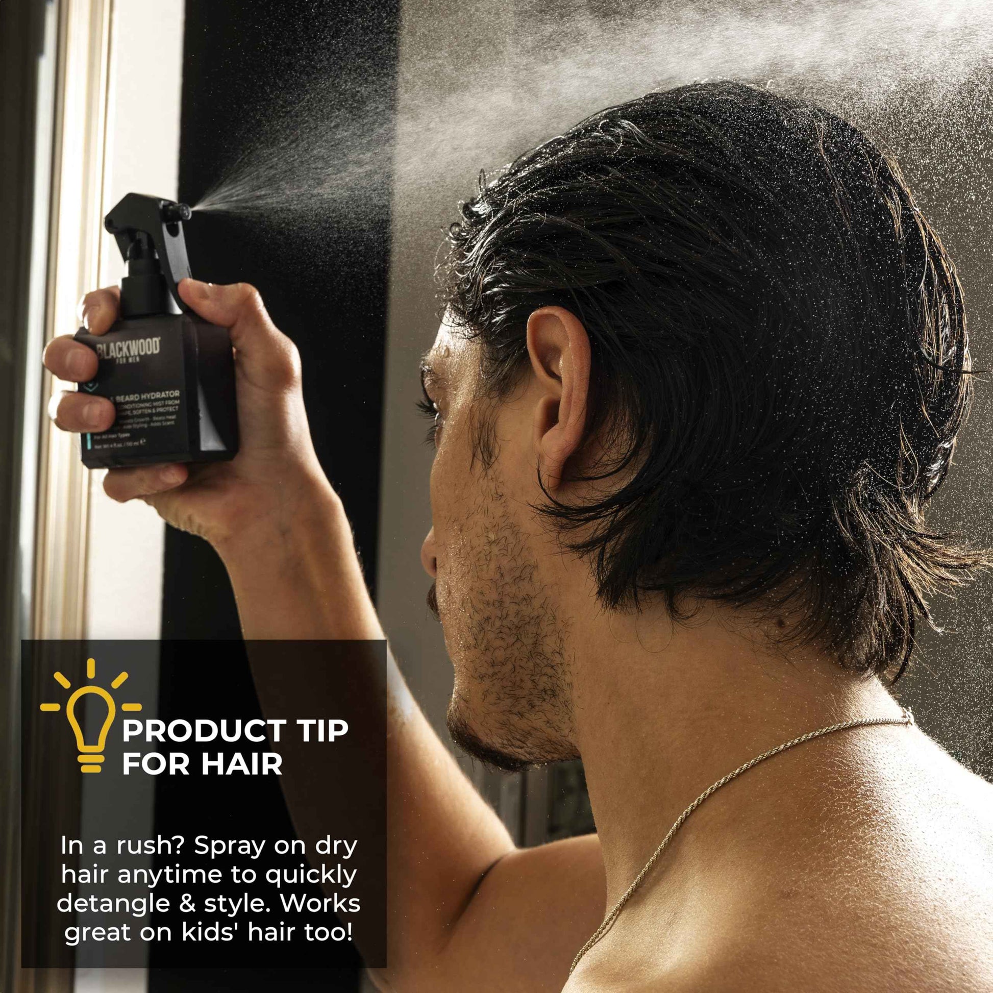 Blackwood For Men Hair & Beard Hydrator Spray (4oz) + Double Duty Beard & Body Scrubber Bundle - Vegan & Natural Leave-In Conditioner - Dual-Sided Men's Shower Tool