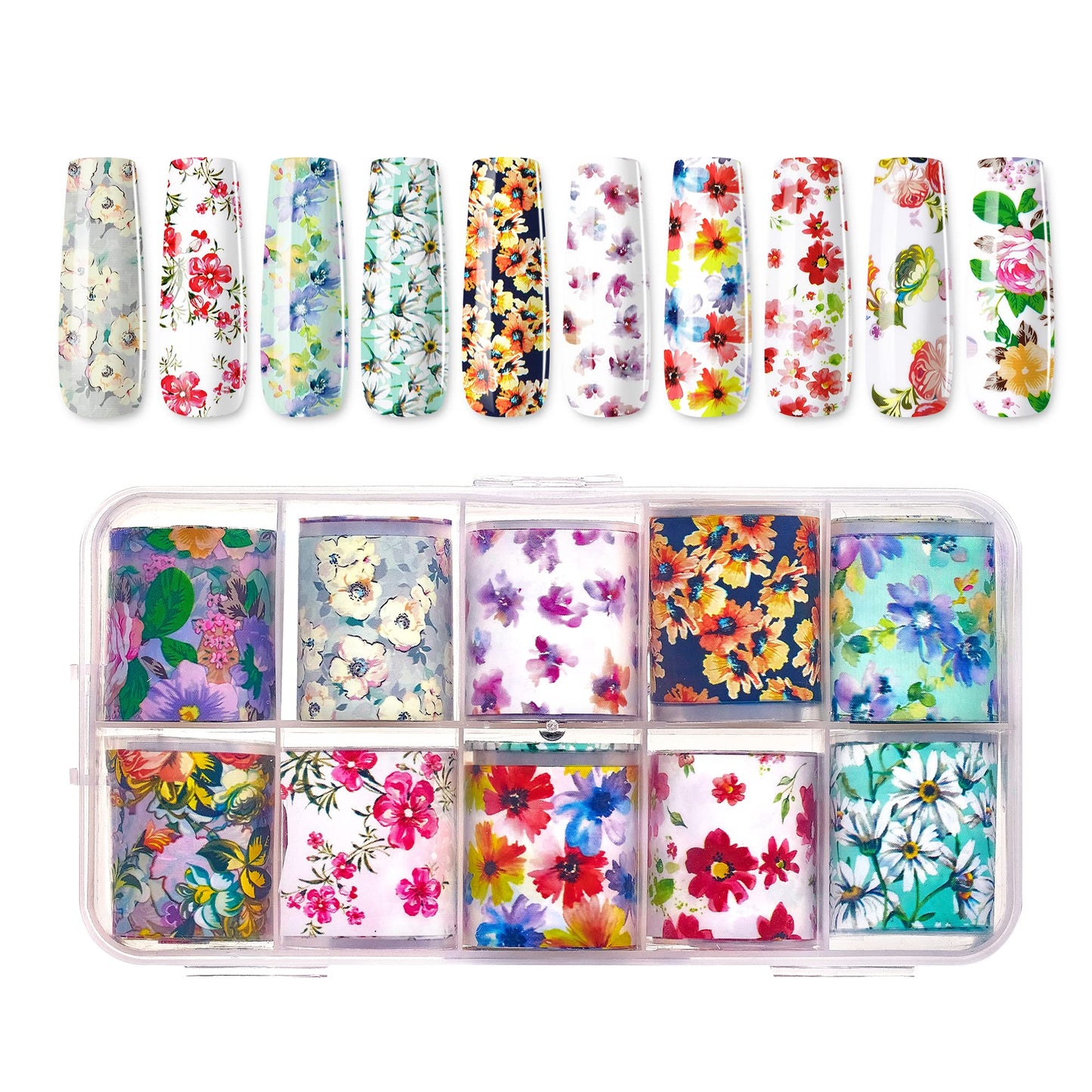 Makartt Nail Foil Nail Art Stickers 10 Rolls Nail Foil Transfer Sheets Nail Foil Adhesive Nail Decals Nail Art Supplies for Women DIY Nail Design Decoration Spring- 2.5x100cm (Mix Blossom Flowers ）