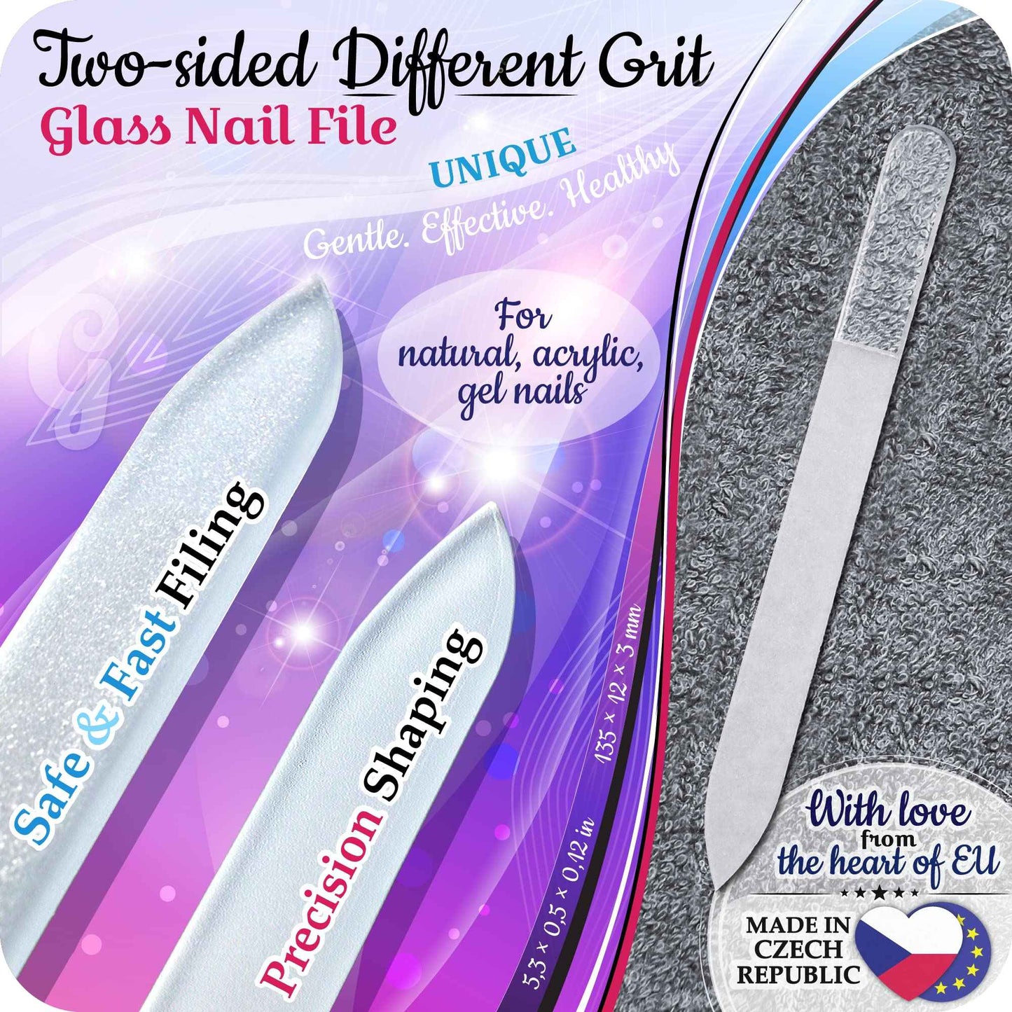 GLADZY Czech Glass Nail File Set with Glass Nail Shiner & Cuticle Pusher– 3 pcs Manicure Kit with Case, Multi-Functional Nano Buffer, Manicure Stick, Etched Crystal File for Natural Nails, Made in EU