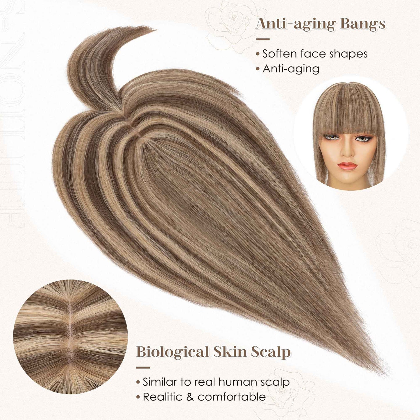 S-noilite Human Hair Toppers for Women with Bangs 100% Real Human Hairpiece 5"x3" Clip in Silk Base Topper Piece Cover Thinning Fine Hair 10 inch Medium Brown Highlighted Honey Blonde