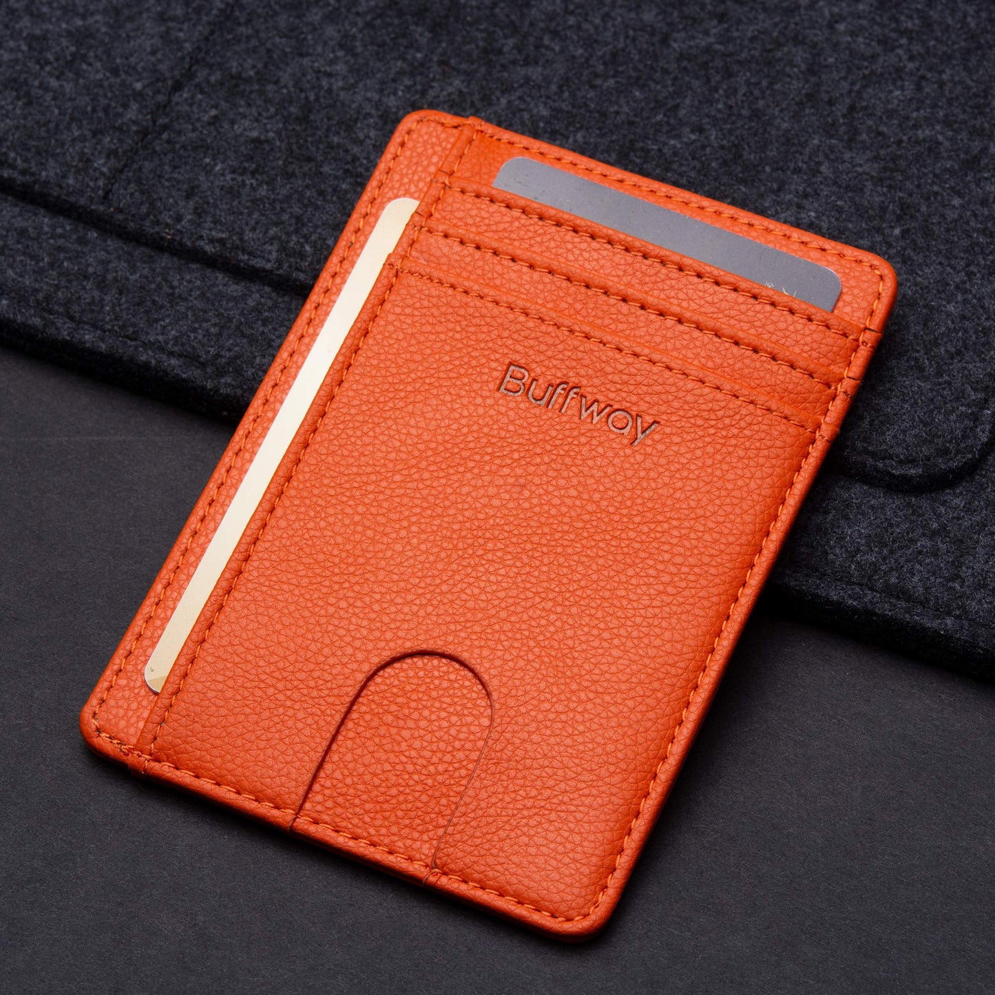 Buffway Slim Minimalist Front Pocket RFID Blocking Leather Wallets for Men and Women - Lichee Orange