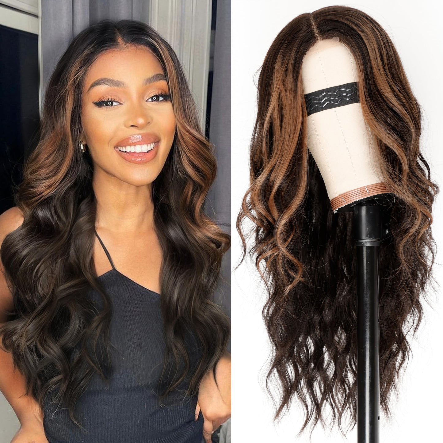 AISI HAIR Dark Brown with Highlights Wig for Women, Long Wavy Lace Hairline Wig, 26 Inch Middle Part Synthetic Heat Resistant Wig for Daily Party