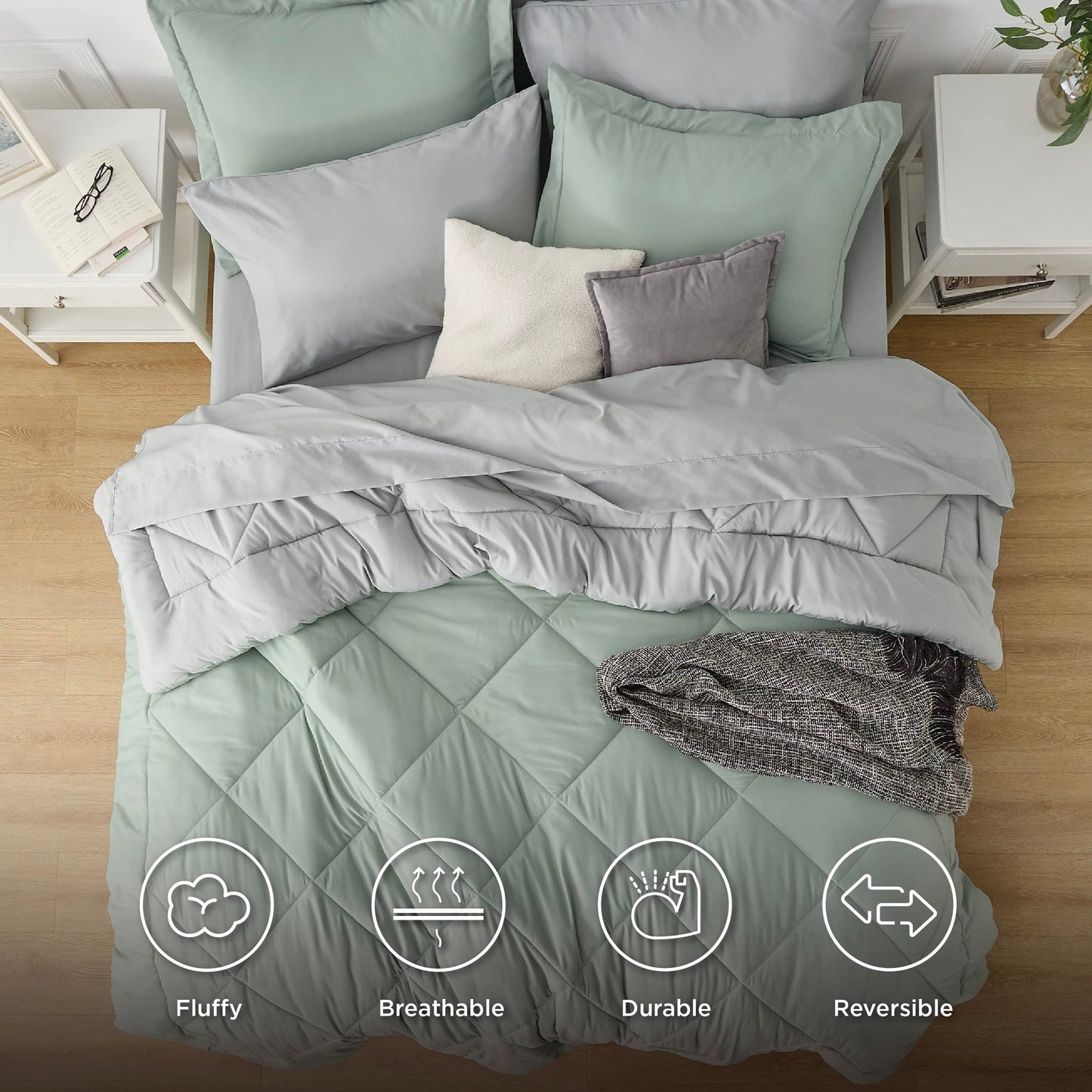 Bedsure Sage Green Twin Comforter Sets - 5 Pieces Reversible Twin Bedding Sets for College, Sage Green Extra Long Bed Set Twin with Comforters, Sheets, Pillowcase & Sham